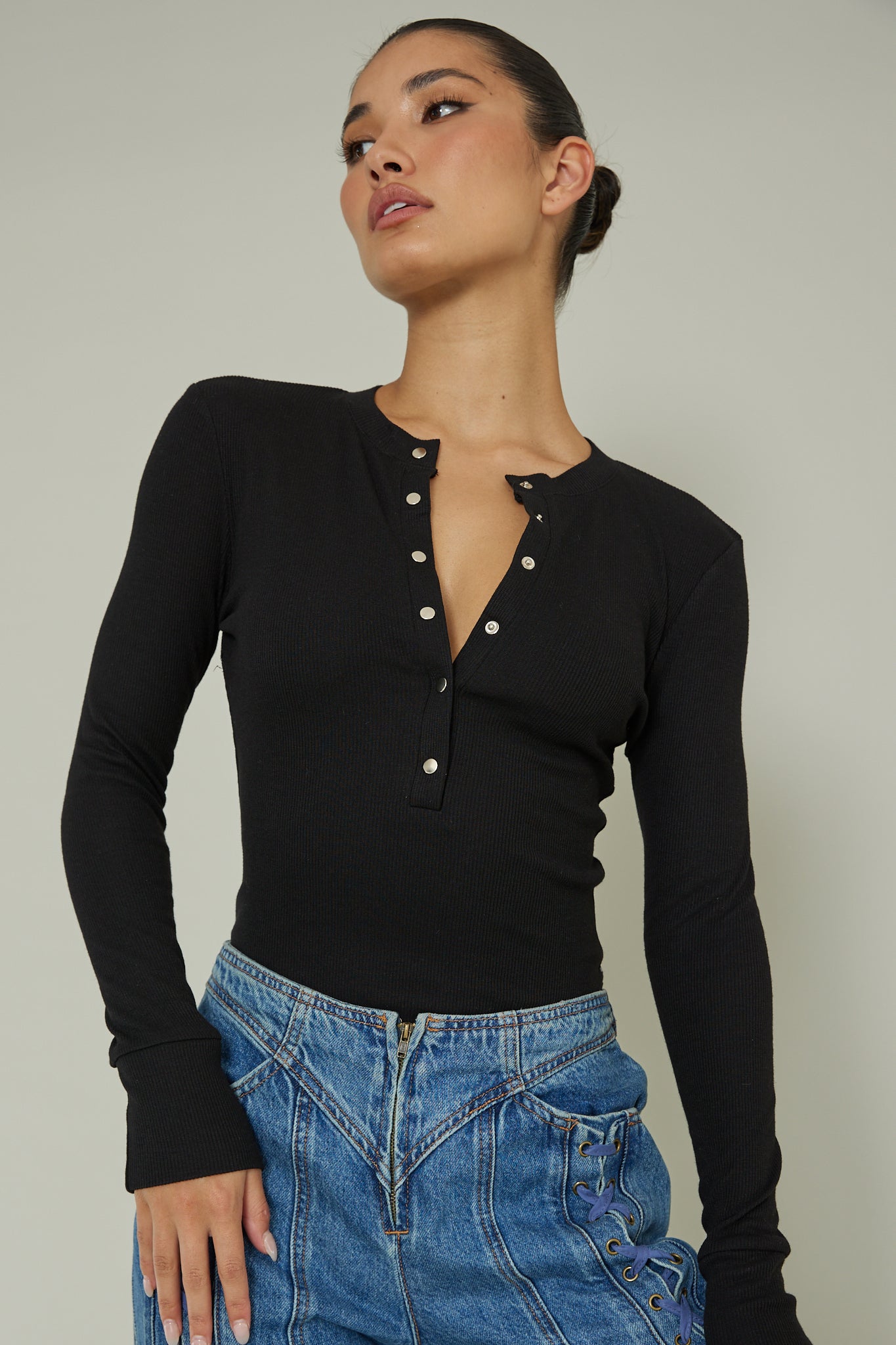 Henley Snap Front Bodysuit Black by Selfie Leslie