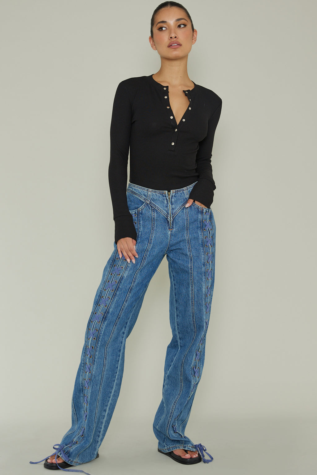 Henley Snap Front Bodysuit Black by Selfie Leslie