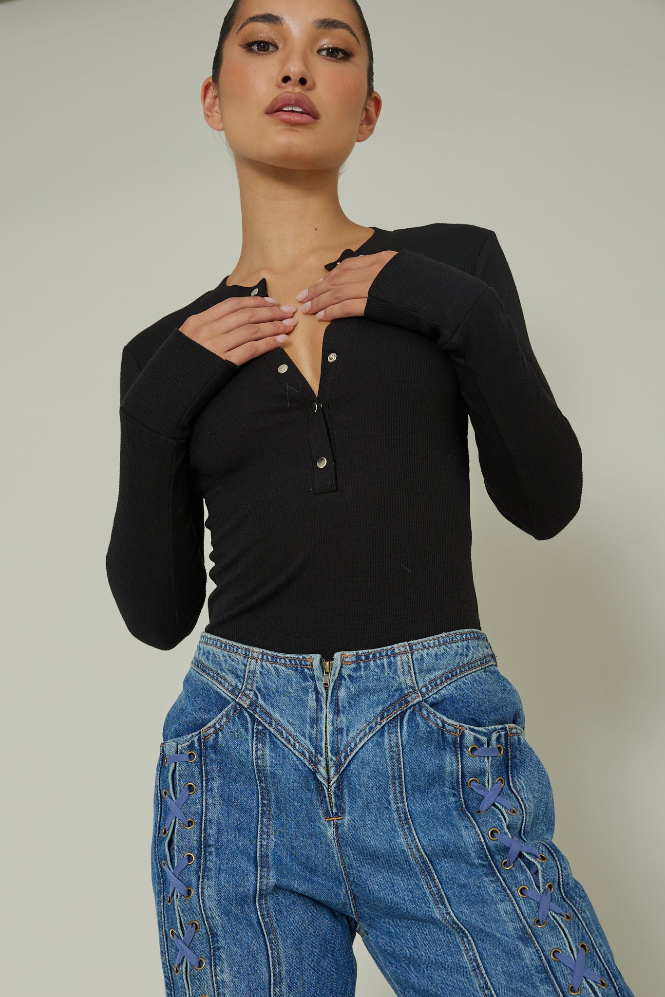 Henley Snap Front Bodysuit Black by Selfie Leslie