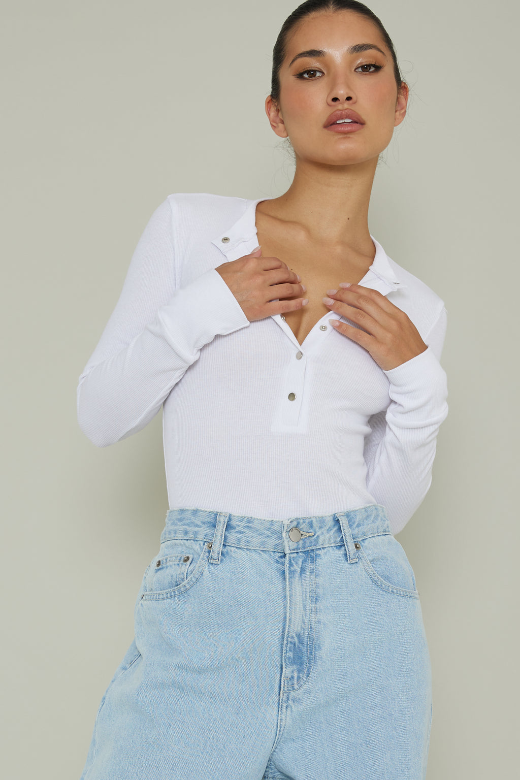 Henley Snap Front Bodysuit White by Selfie Leslie