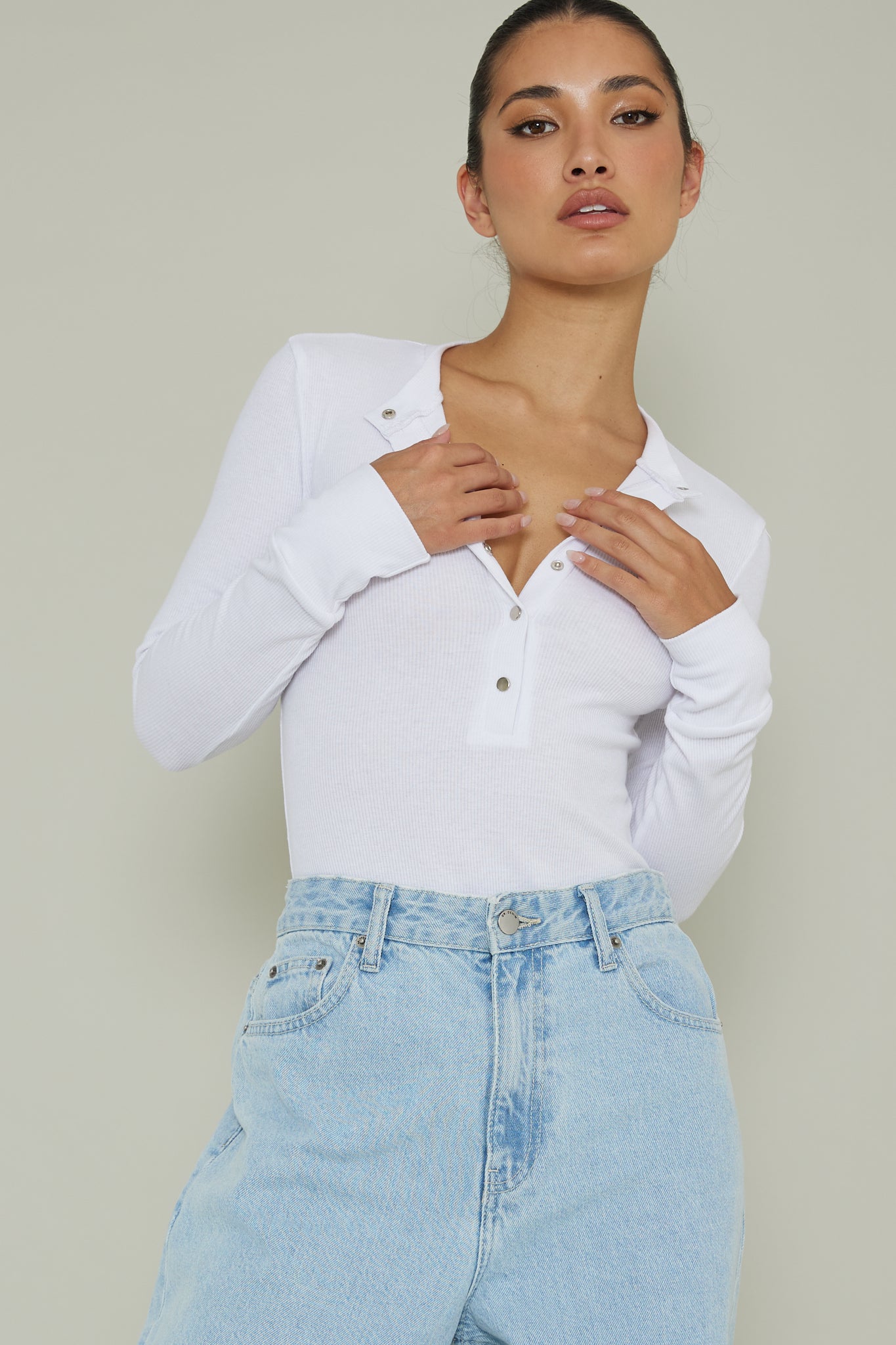 Henley Snap Front Bodysuit White by Selfie Leslie