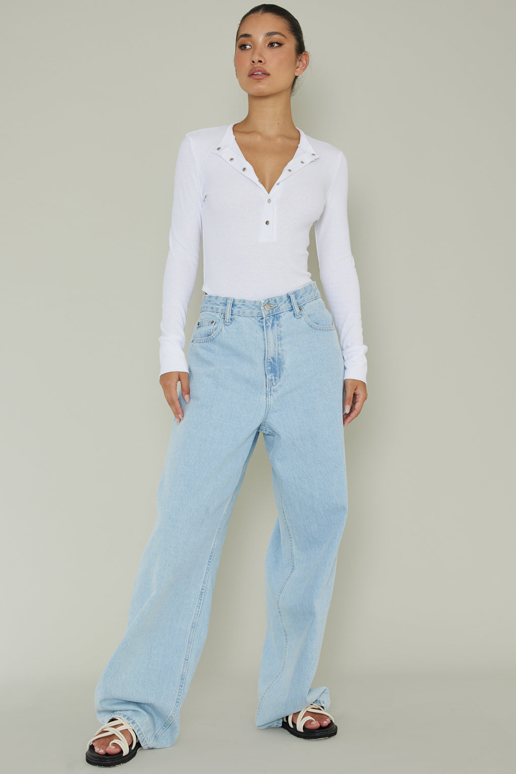Henley Snap Front Bodysuit White by Selfie Leslie