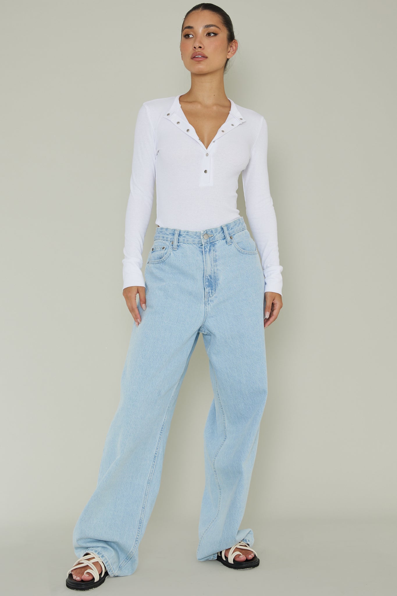 Henley Snap Front Bodysuit White by Selfie Leslie