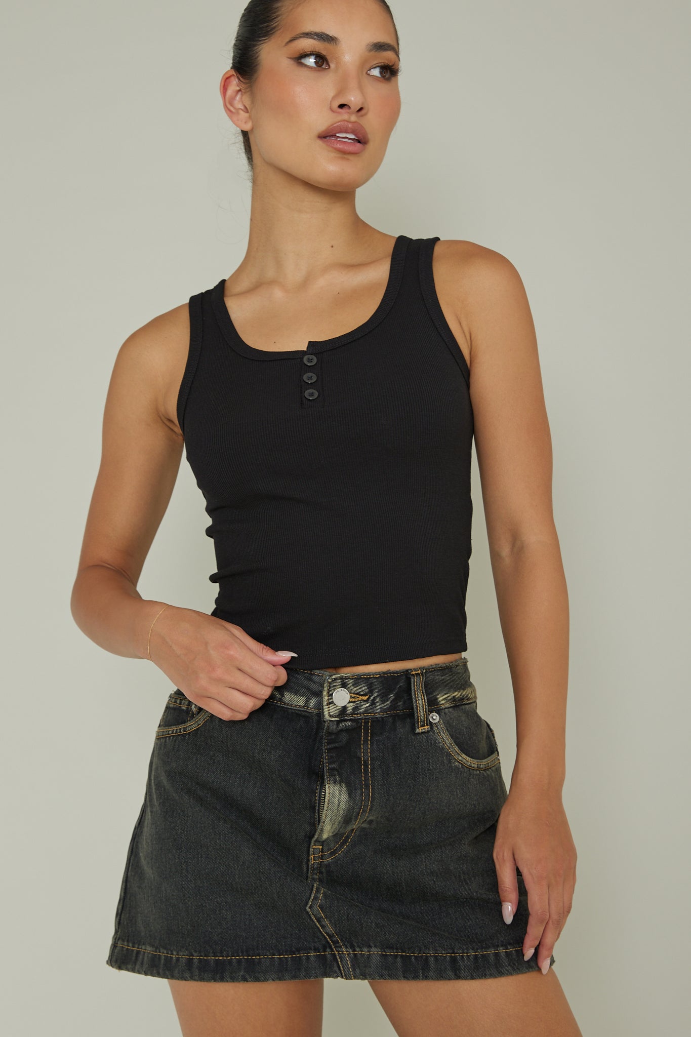 Recess Thick Strap Ribbed Top Black by Selfie Leslie