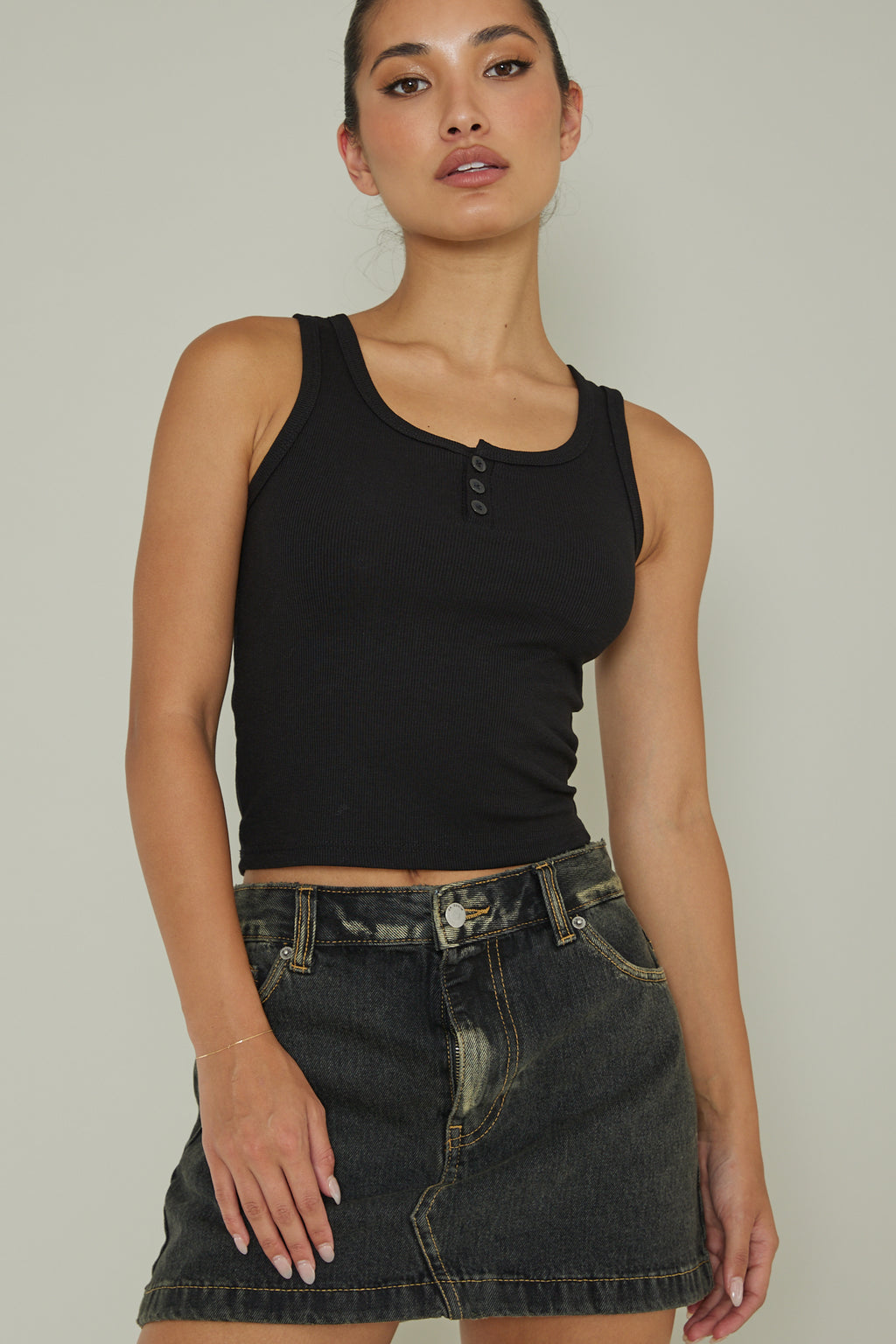 Recess Thick Strap Ribbed Top Black by Selfie Leslie