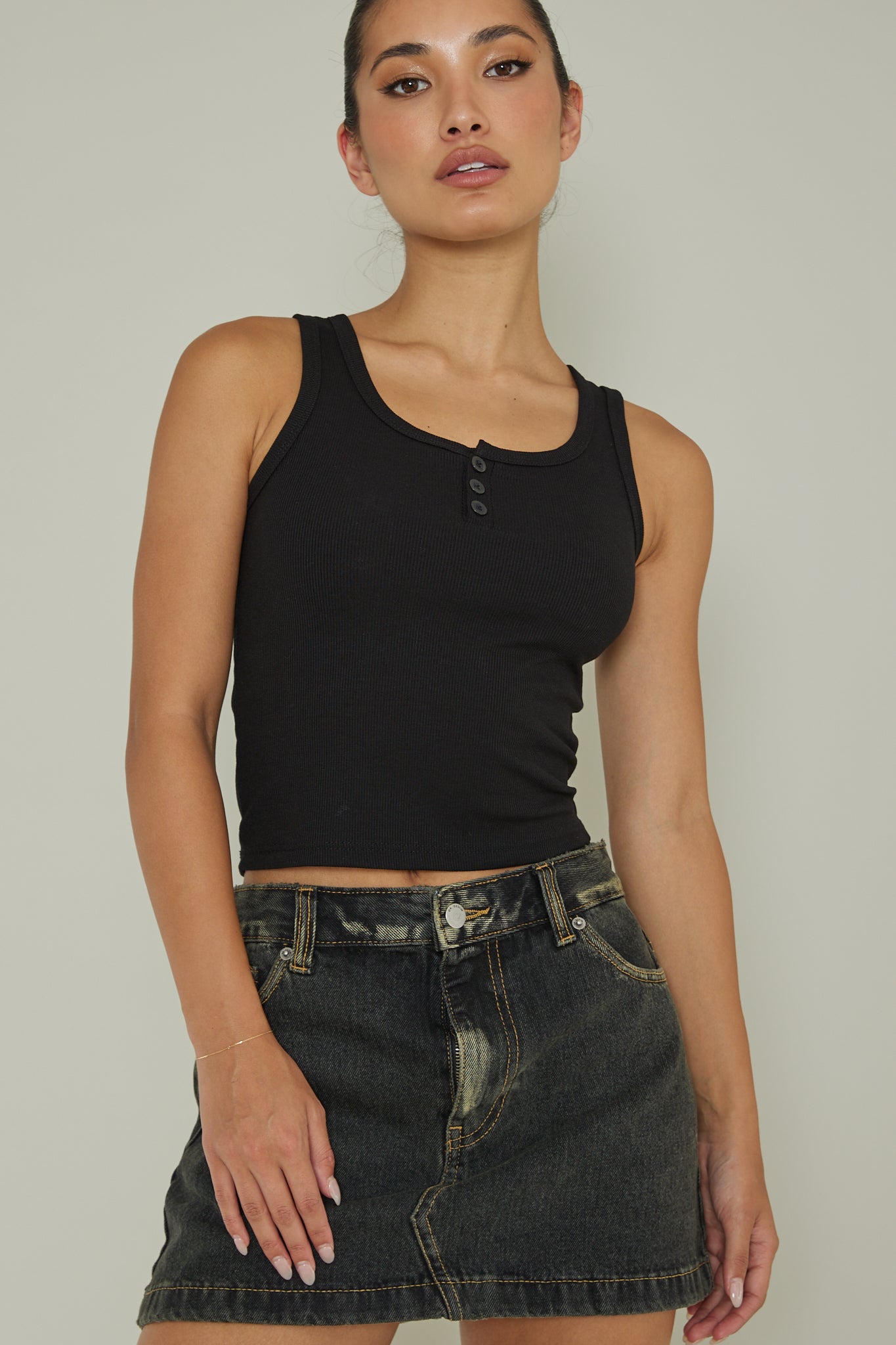 Recess Thick Strap Ribbed Top Black by Selfie Leslie