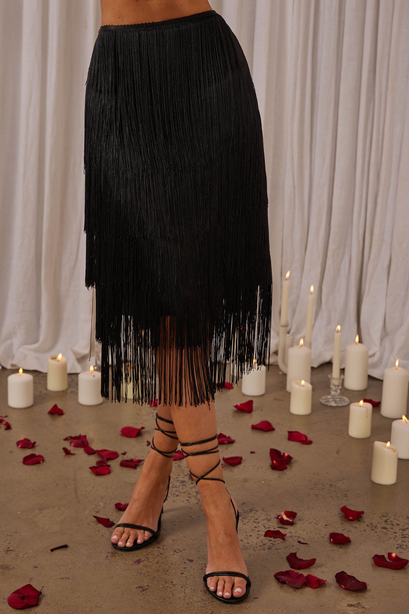 Shop the Golden Nights Tiered Fringe Midi Skirt Black