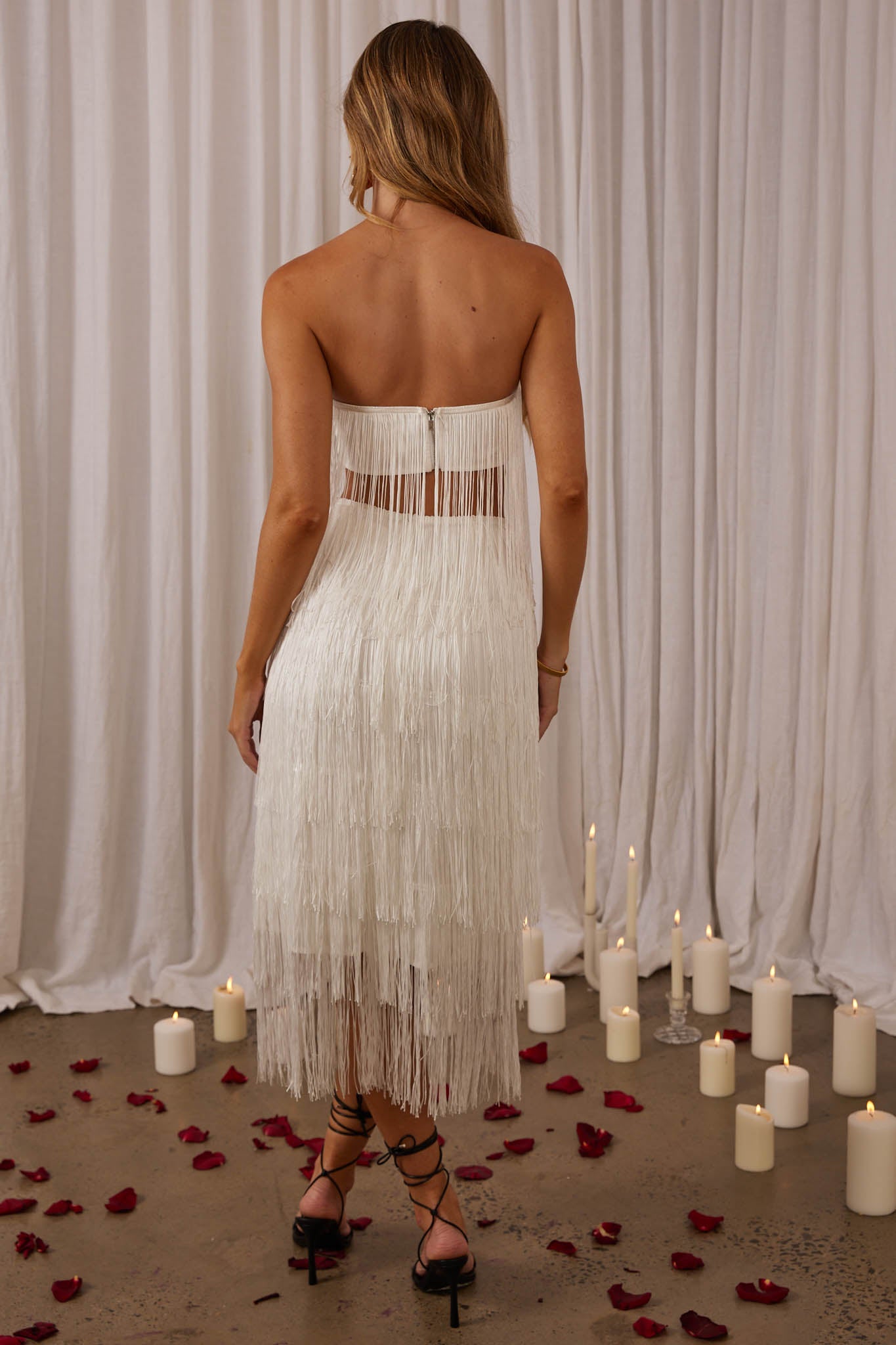 white fringe dress Golden Nights Tiered Fringe Midi Skirt White