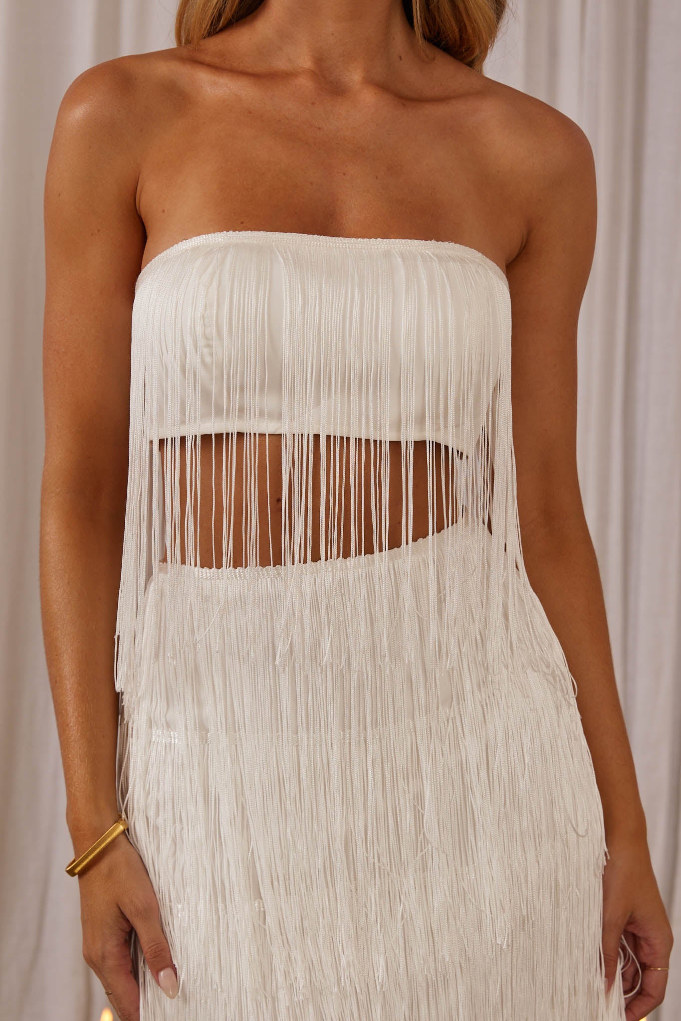 Golden Nights Long Fringe Top White– Selfie Leslie