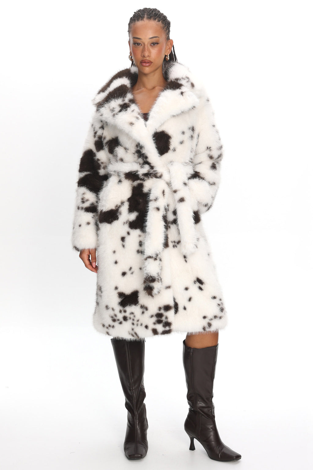 Morganne Faux Fur Waist Tie Coat Animal Print White/Brown
