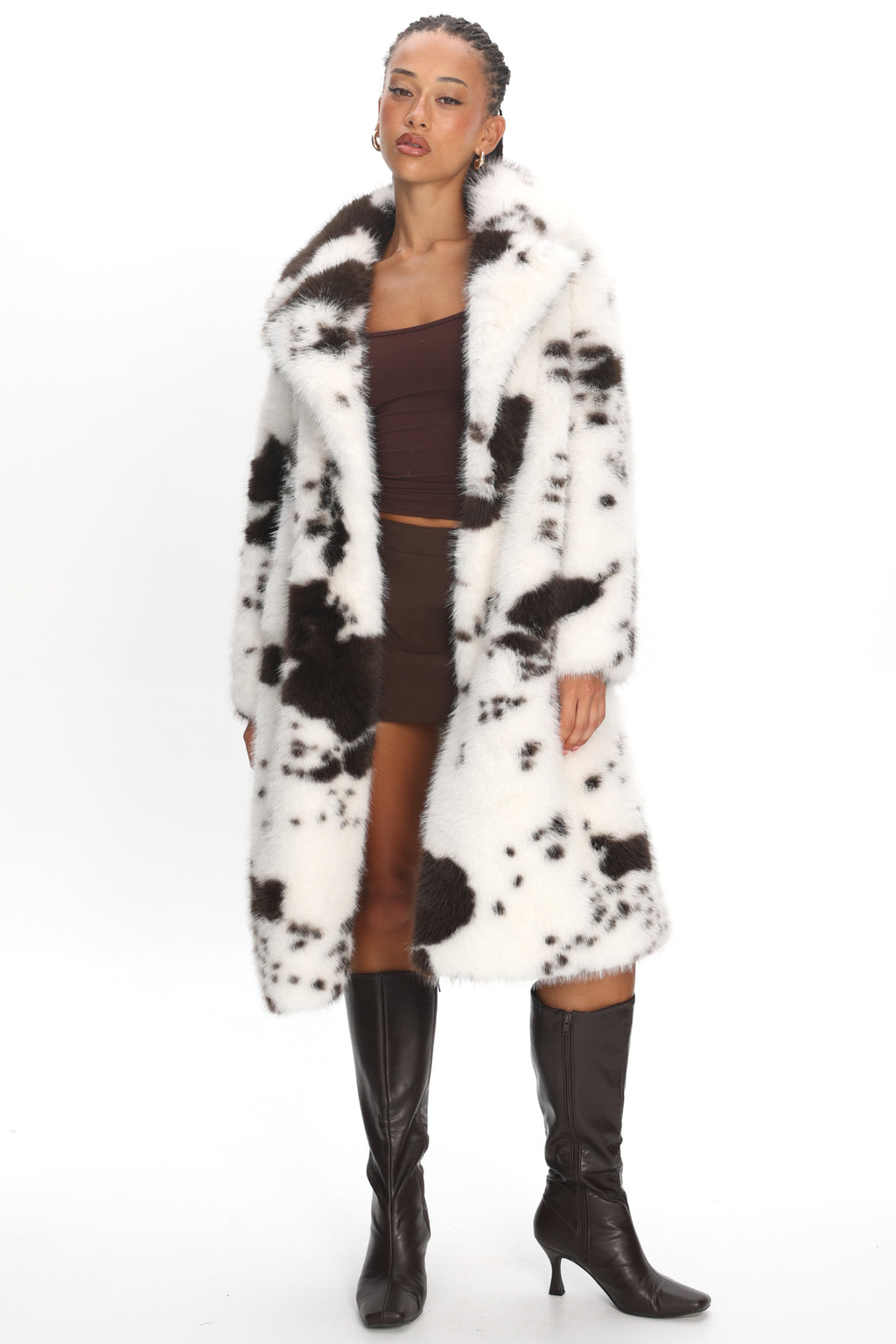 Morganne Faux Fur Waist Tie Coat Animal Print White/Brown