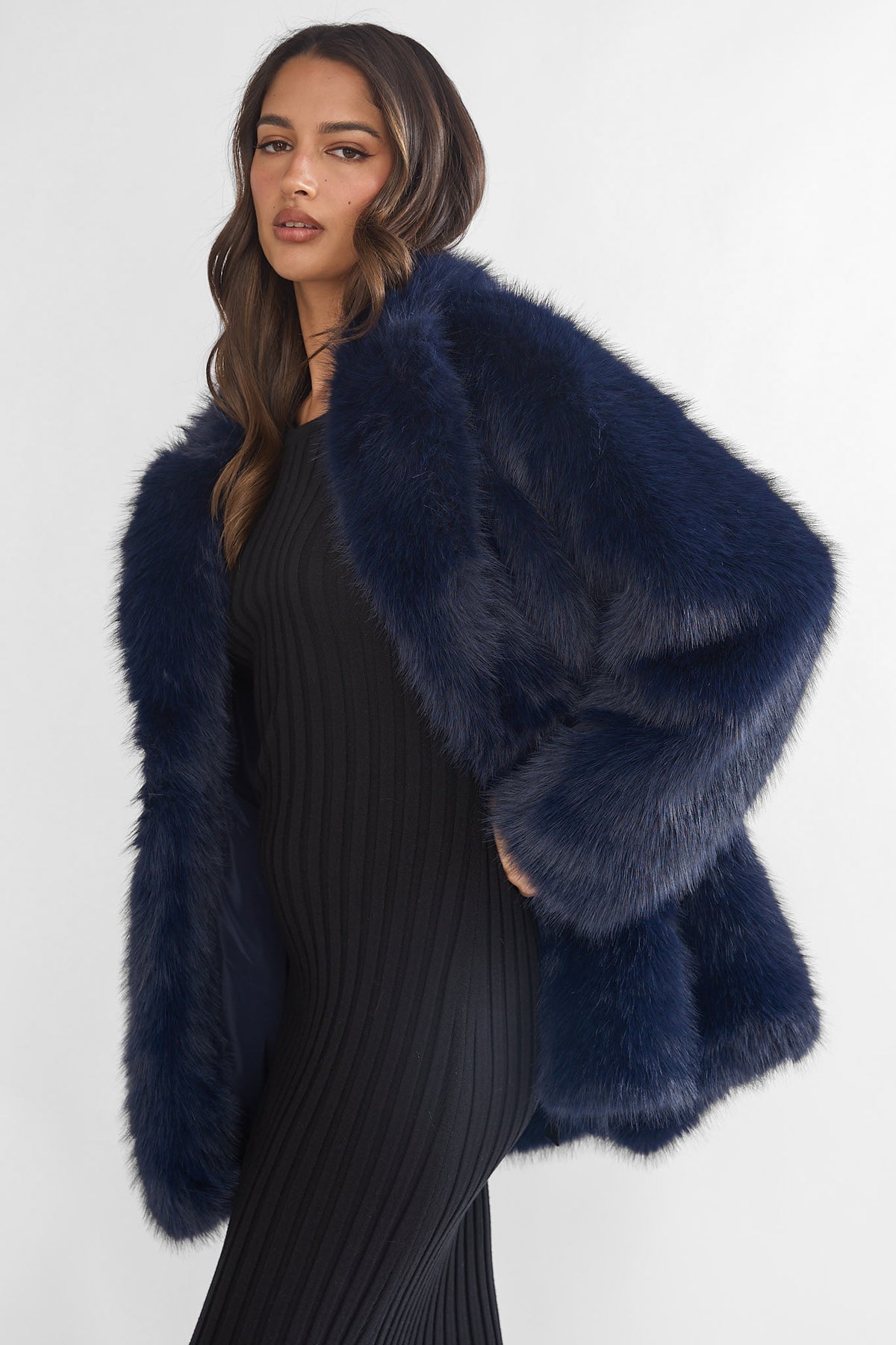 Rilani Faux Fur Pocket Coat Navy | Selfie Leslie