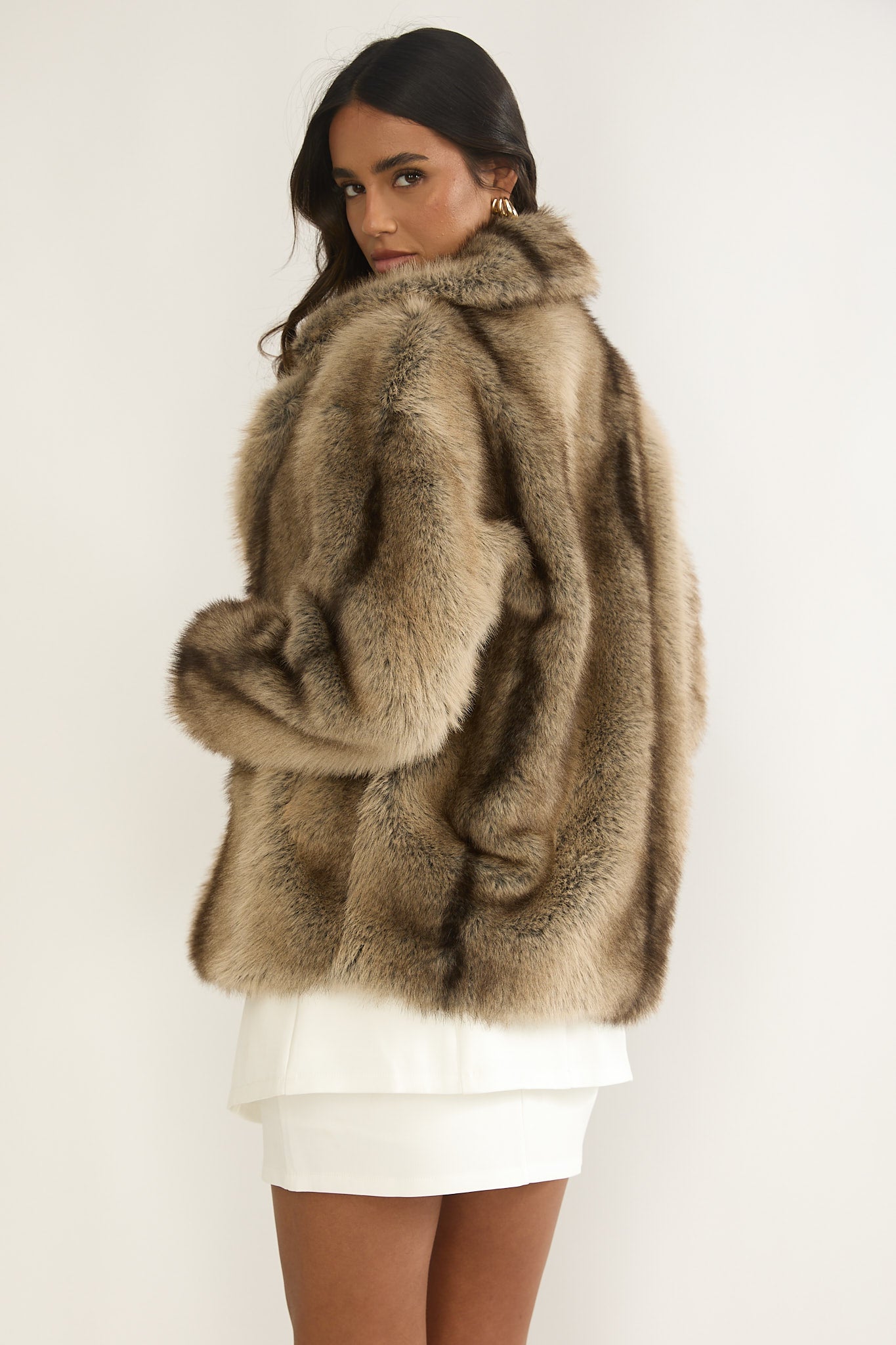 Soraya Notch Lapel Faux Fur Coat Brown by Selfie Leslie