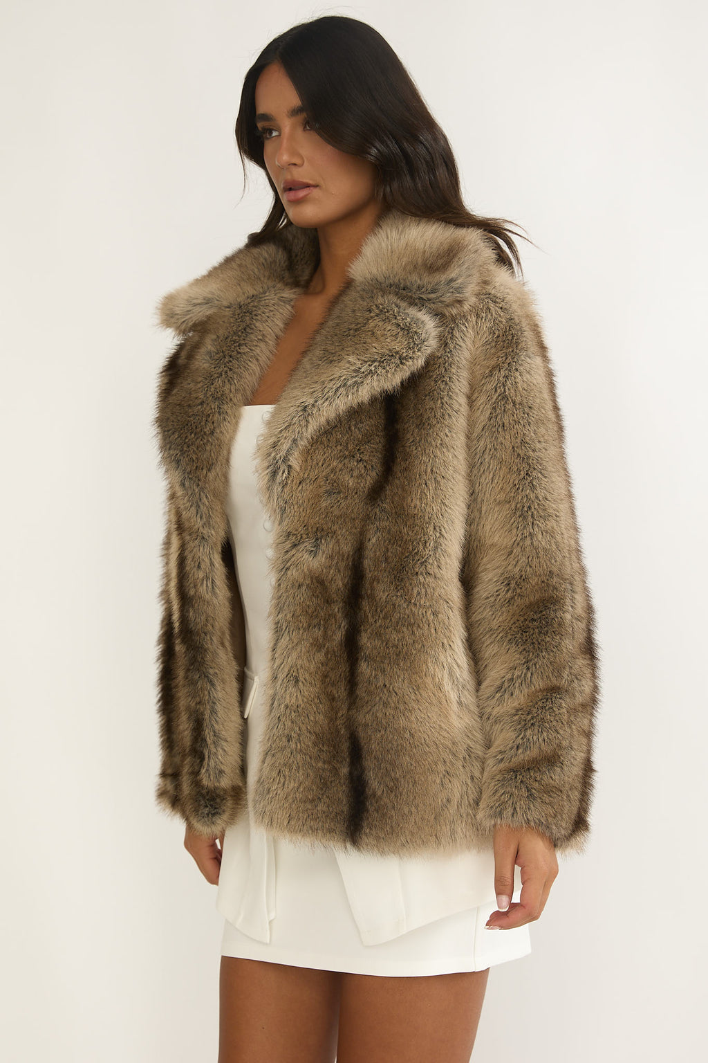 Soraya Notch Lapel Faux Fur Coat Brown by Selfie Leslie