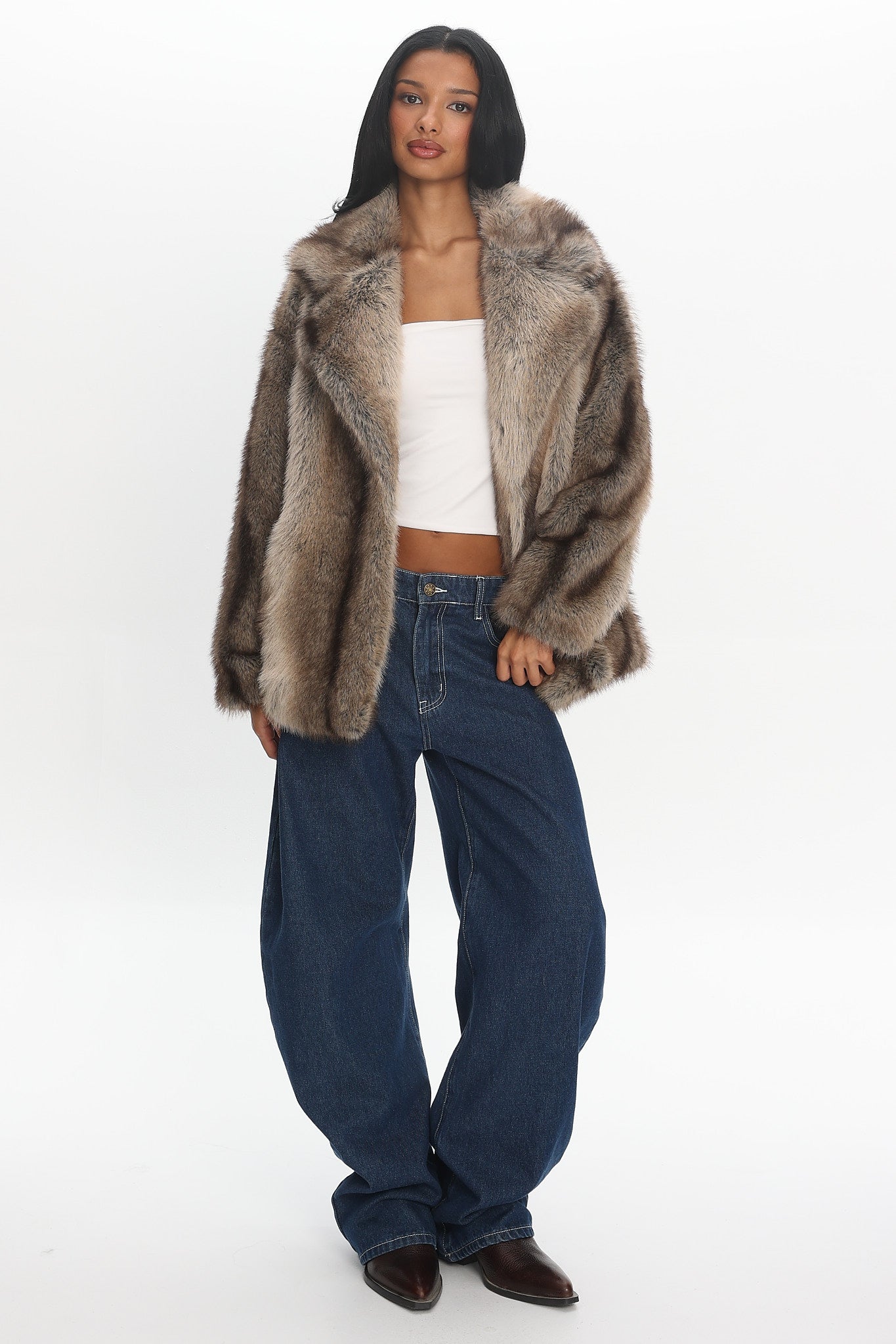 Soraya Notch Lapel Faux Fur Coat Brown | Selfie Leslie