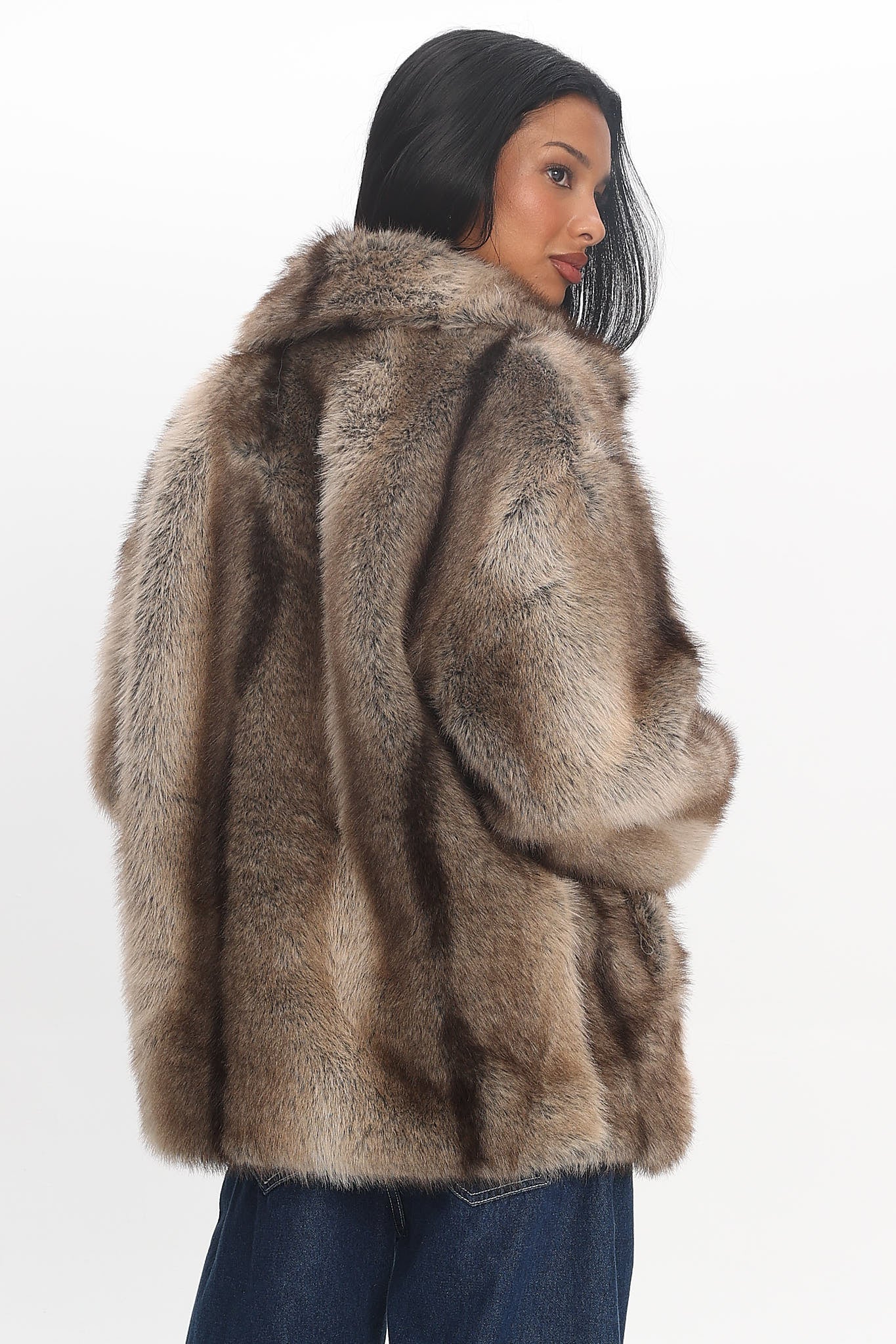 Soraya Notch Lapel Faux Fur Coat Brown | Selfie Leslie