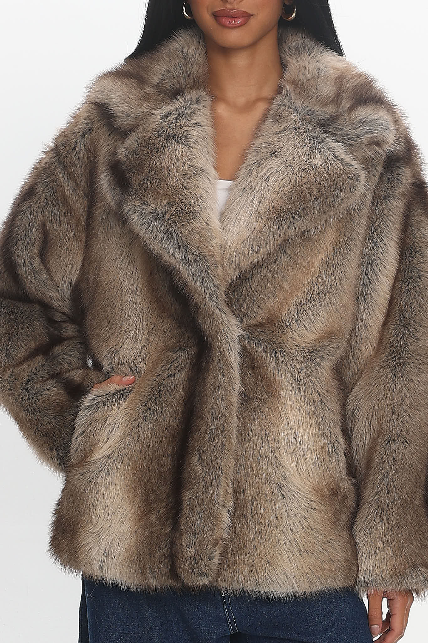 Soraya Notch Lapel Faux Fur Coat Brown | Selfie Leslie