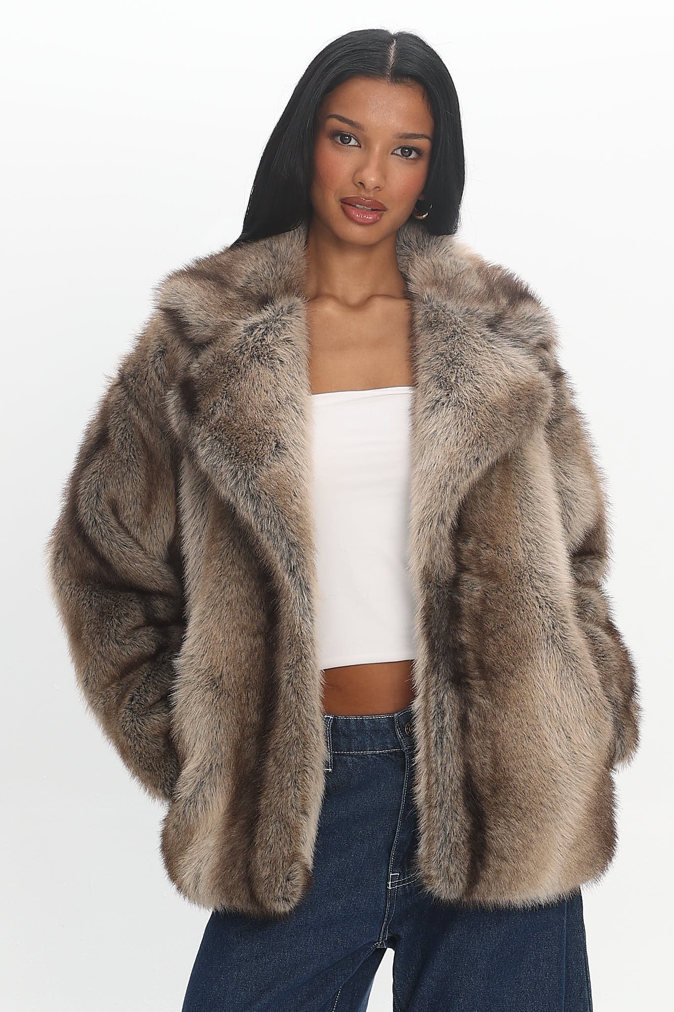 Soraya Notch Lapel Faux Fur Coat Brown | Selfie Leslie