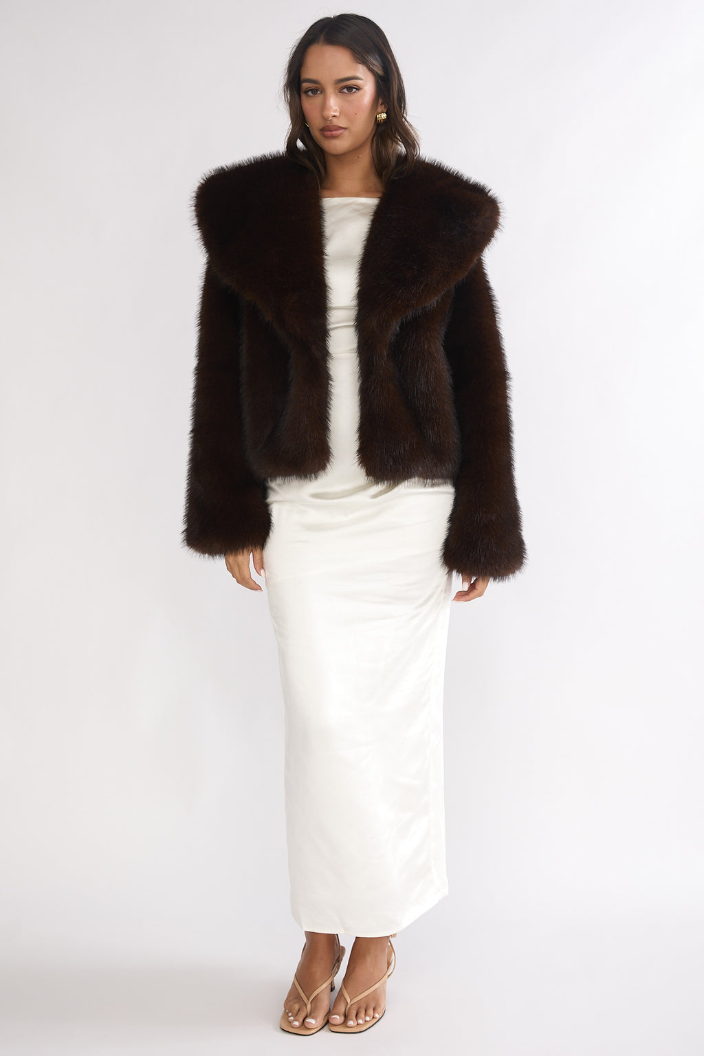 Marella Oversized Lapel Faux Fur Jacket Coffee by Selfie Leslie