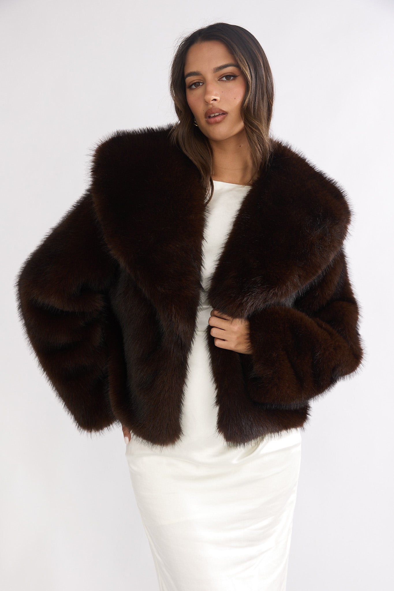 Marella Oversized Lapel Faux Fur Jacket Coffee by Selfie Leslie