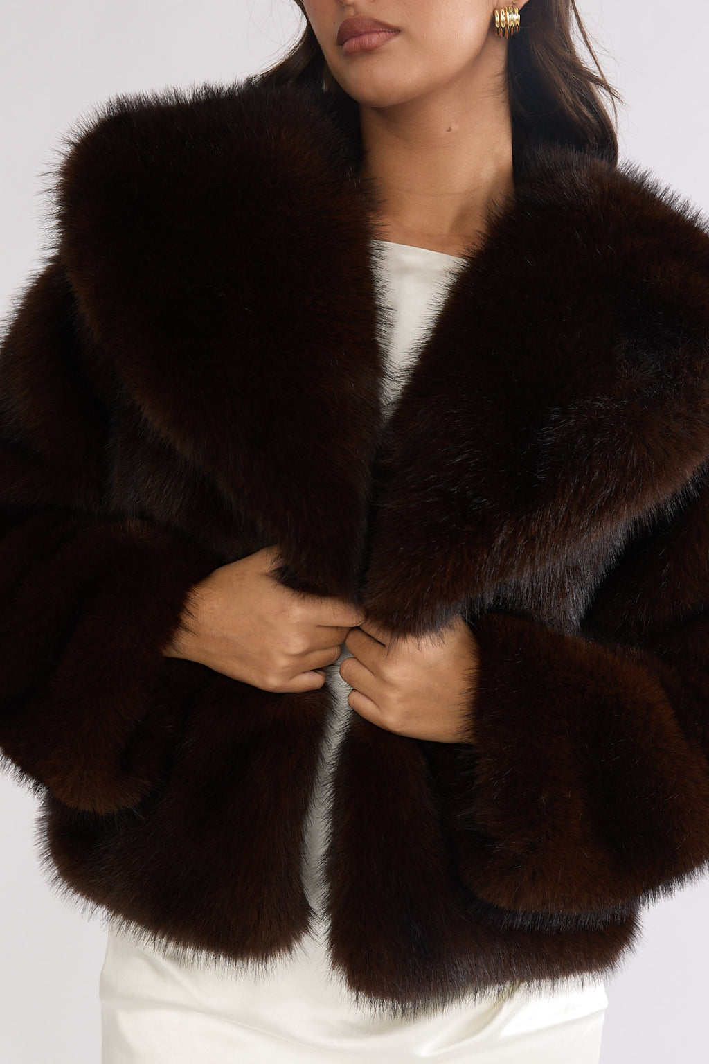 Marella Oversized Lapel Faux Fur Jacket Coffee by Selfie Leslie
