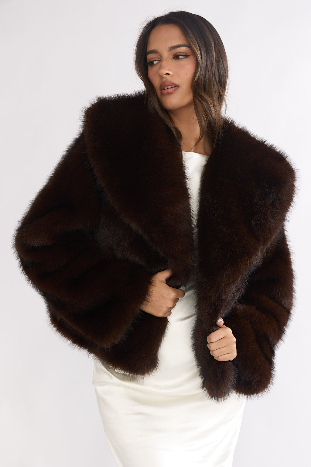 Marella Oversized Lapel Faux Fur Jacket Coffee by Selfie Leslie