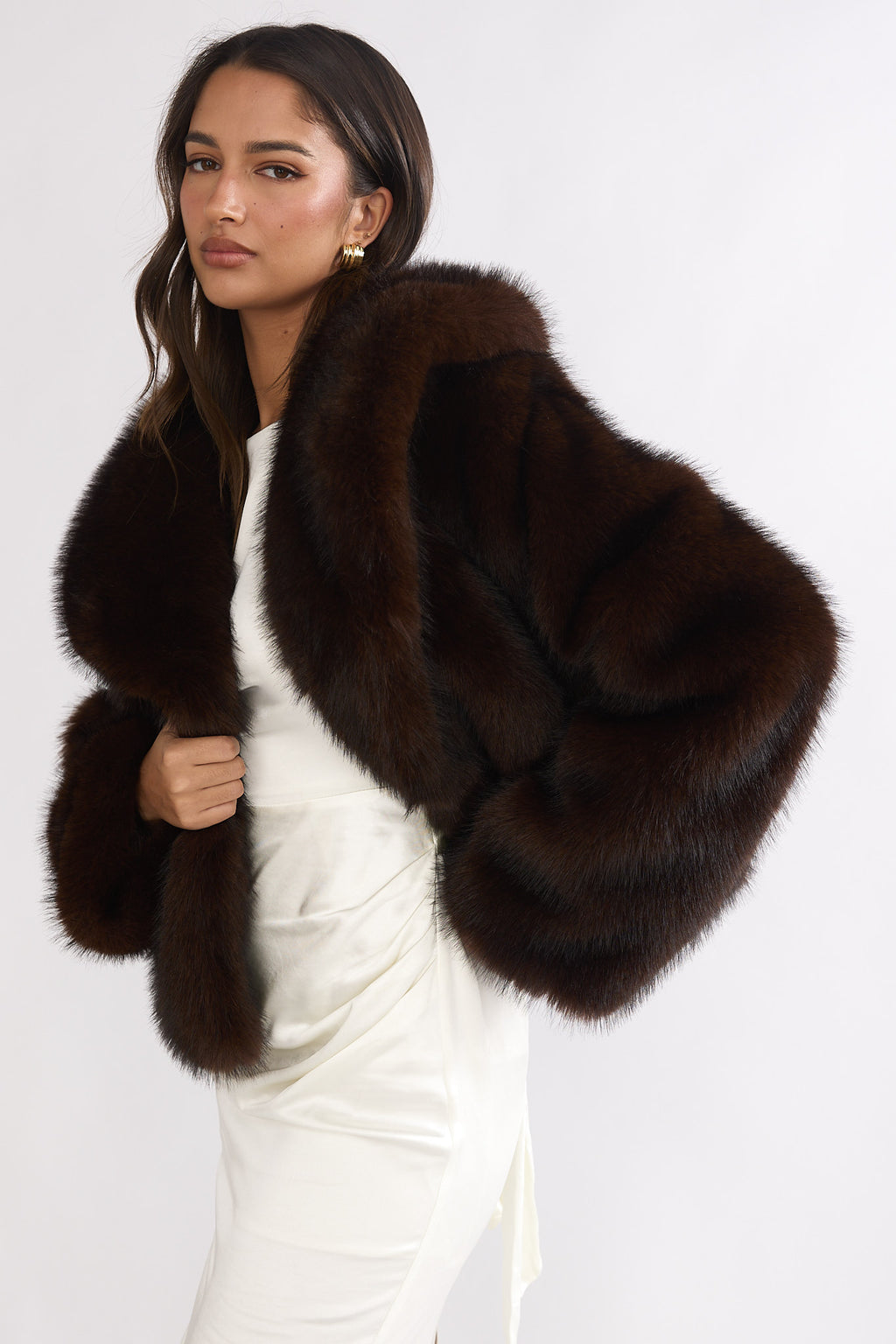 Marella Oversized Lapel Faux Fur Jacket Coffee by Selfie Leslie