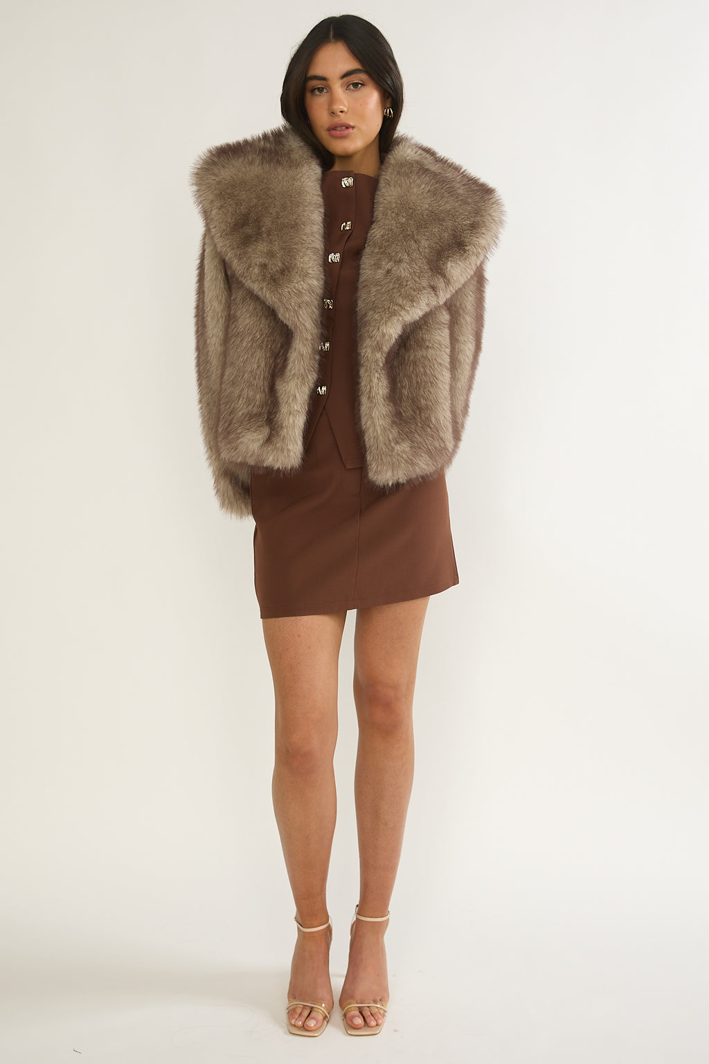 Marella Oversized Lapel Faux Fur Jacket Taupe by Selfie Leslie