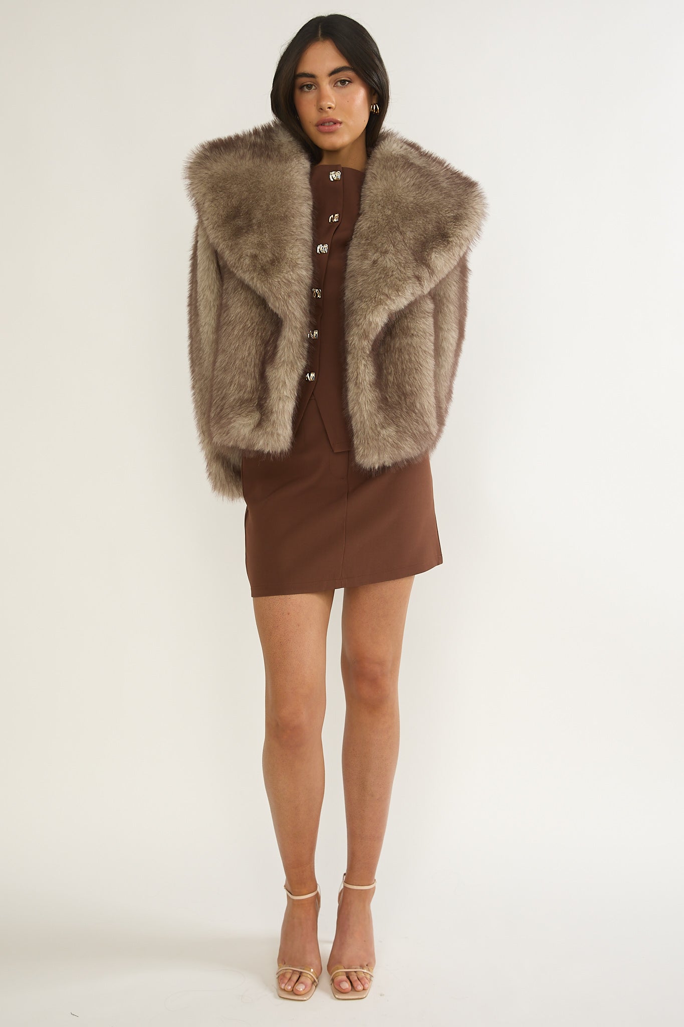 Marella Oversized Lapel Faux Fur Jacket Taupe by Selfie Leslie