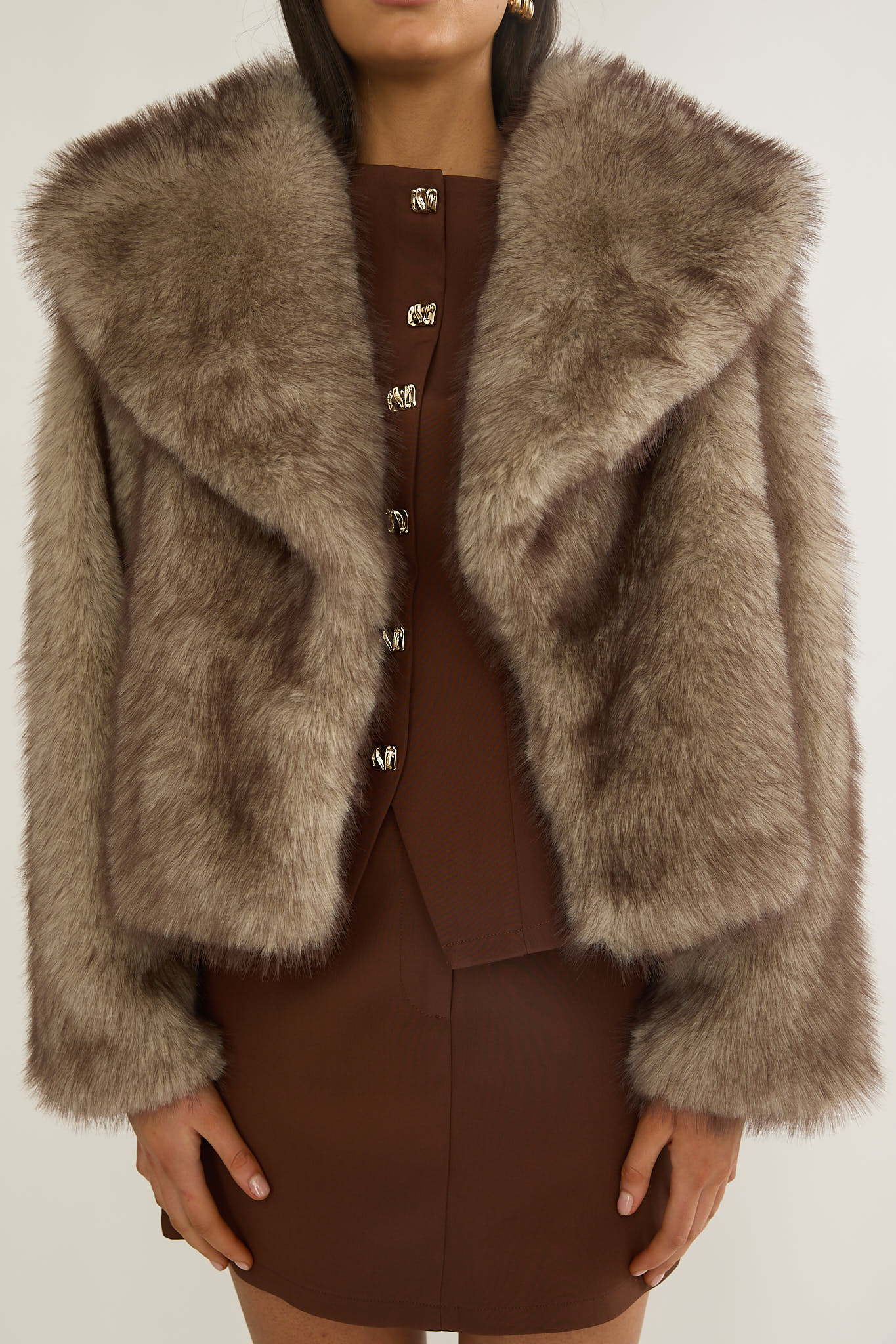 Marella Oversized Lapel Faux Fur Jacket Taupe– Selfie Leslie