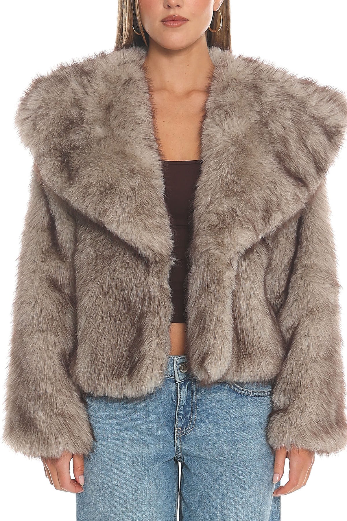 Marella Oversized Lapel Faux Fur Jacket Taupe by Selfie Leslie