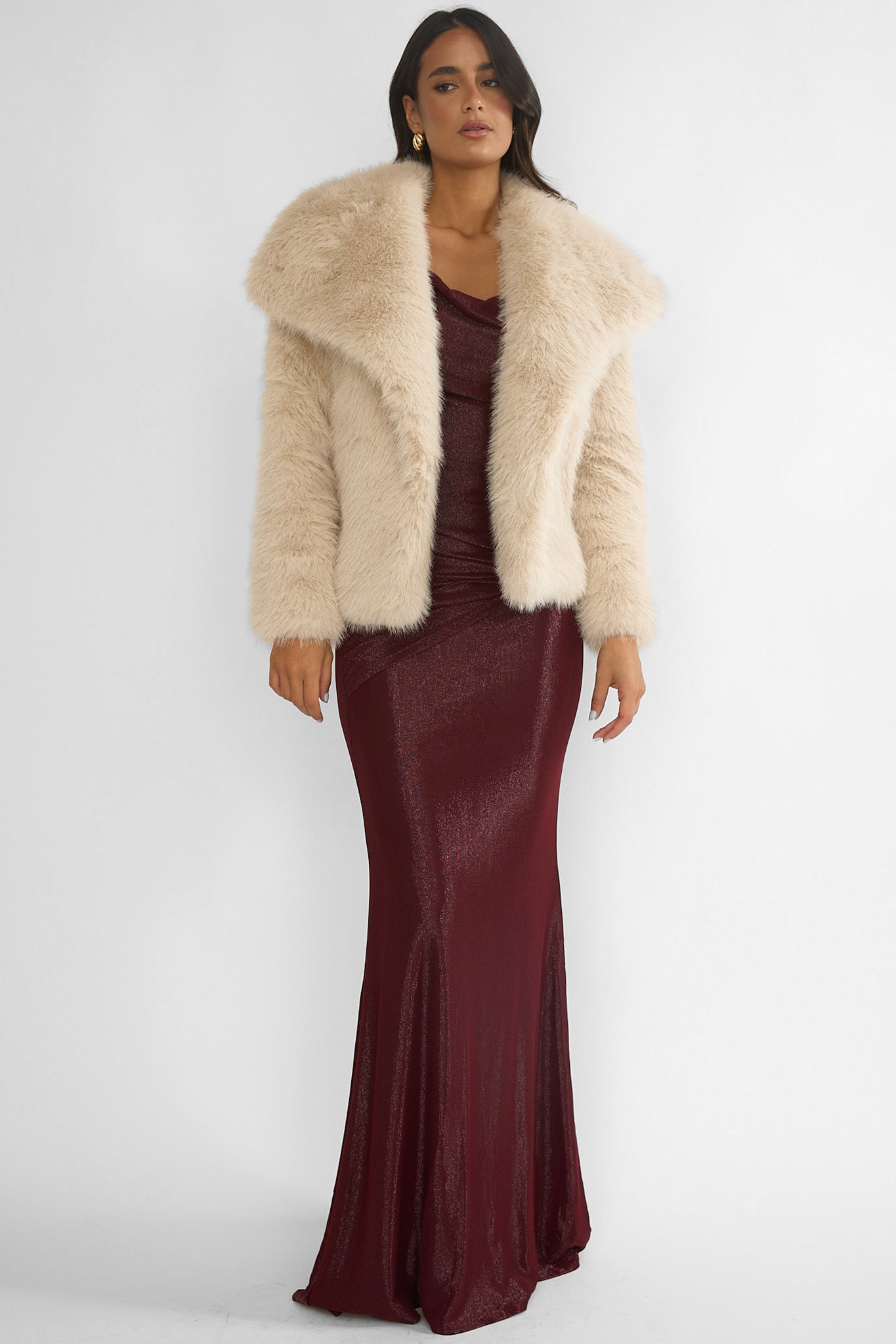 Harlequinn Oversized Lapel Faux Fur Jacket Taupe by Selfie Leslie