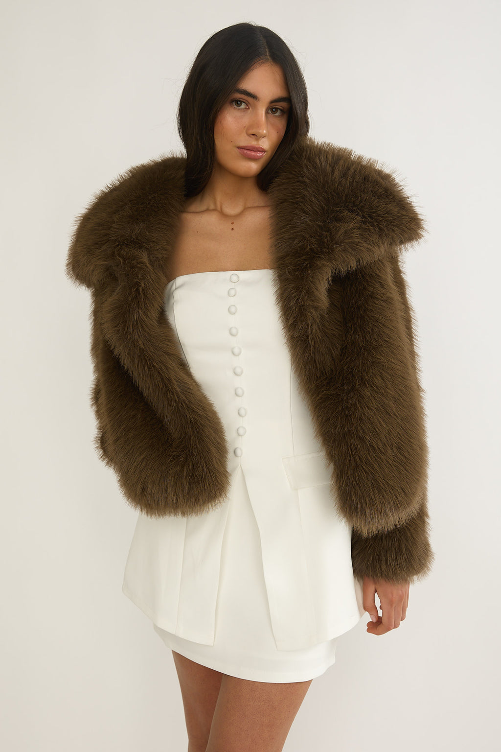 Harlequinn Oversized Lapel Faux Fur Jacket Coffee by Selfie Leslie