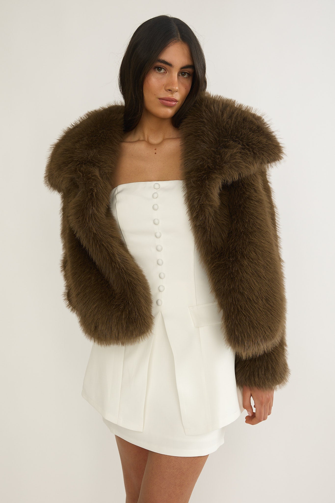 Harlequinn Oversized Lapel Faux Fur Jacket Coffee by Selfie Leslie
