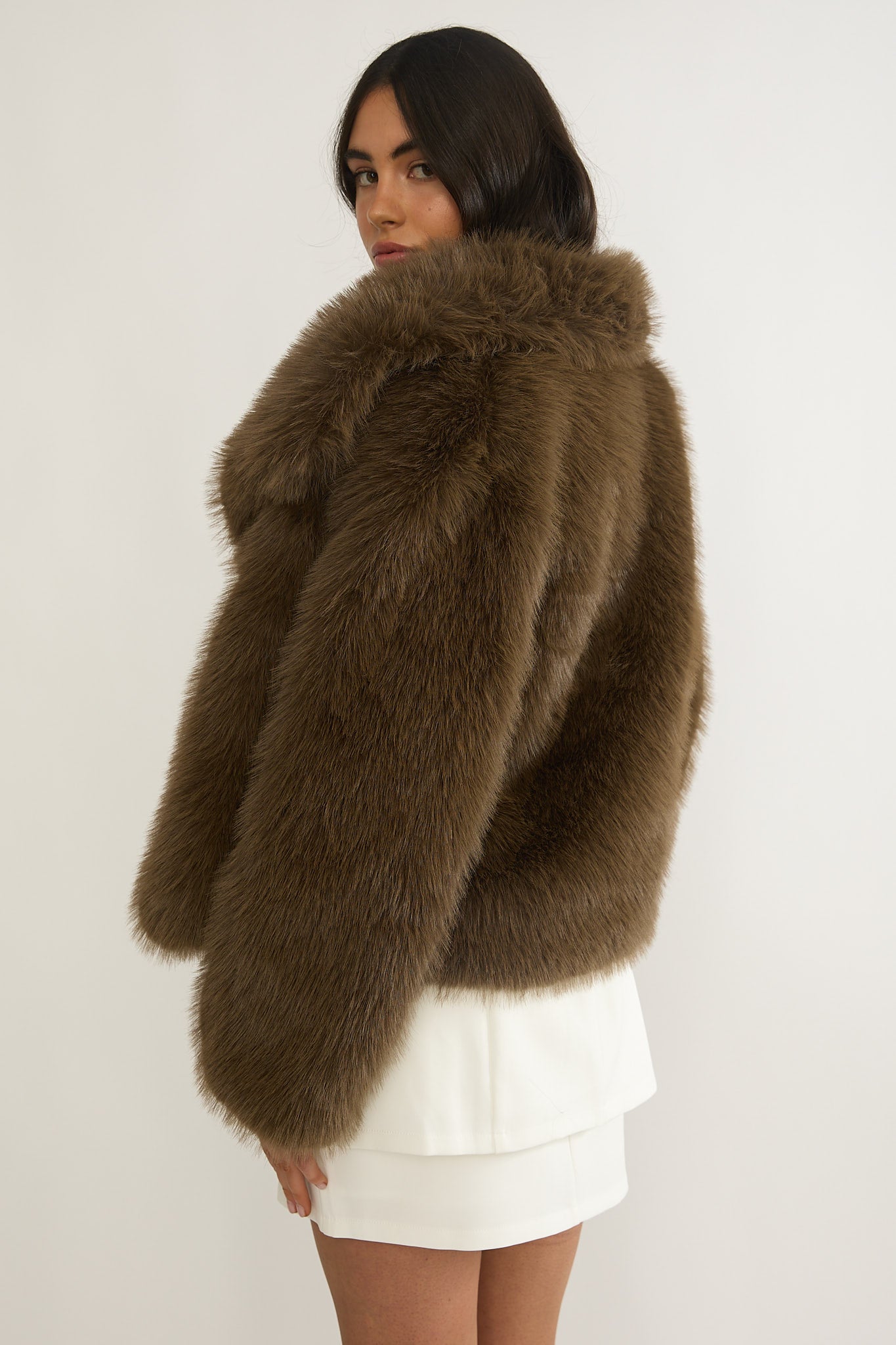 Harlequinn Oversized Lapel Faux Fur Jacket Coffee by Selfie Leslie