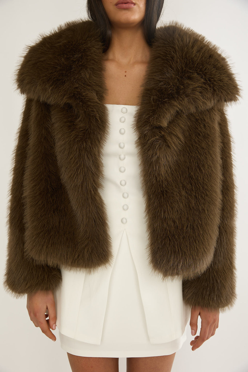 Harlequinn Oversized Lapel Faux Fur Jacket Coffee by Selfie Leslie
