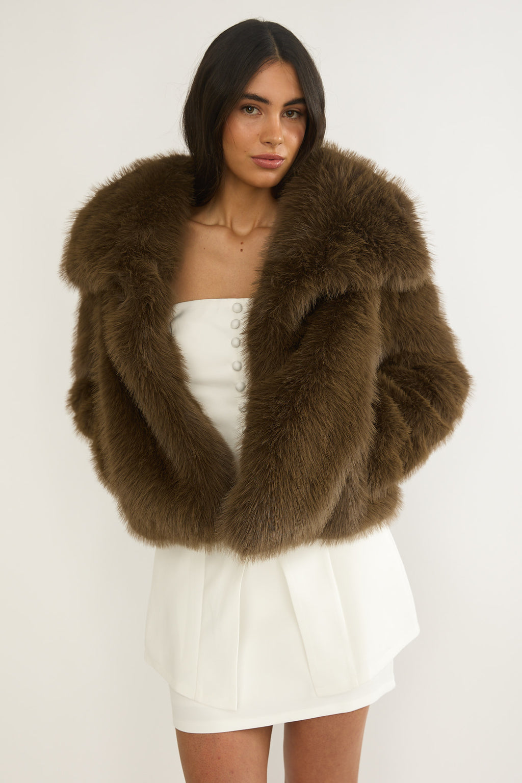 Harlequinn Oversized Lapel Faux Fur Jacket Coffee by Selfie Leslie