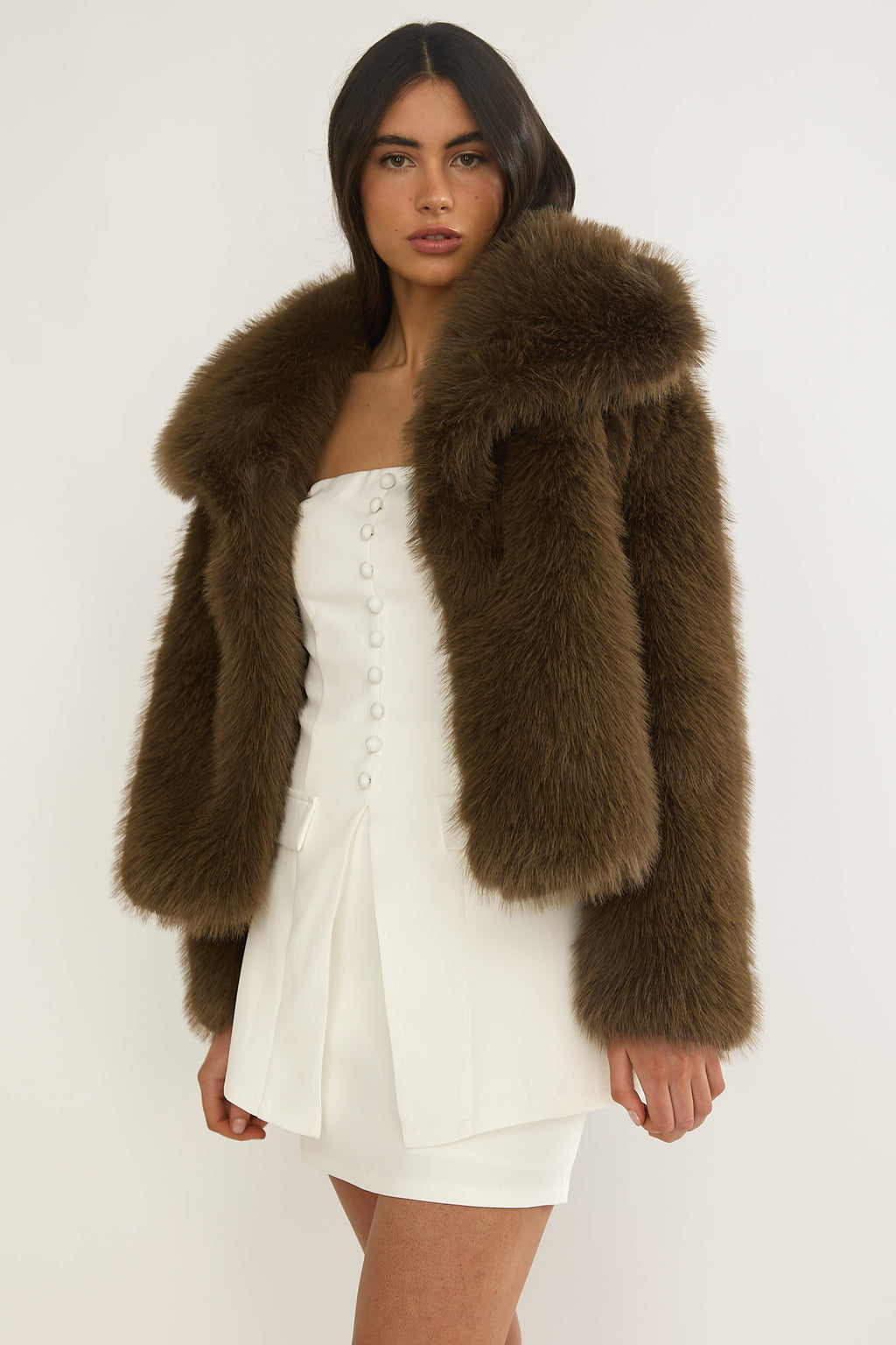 Harlequinn Oversized Lapel Faux Fur Jacket Coffee by Selfie Leslie