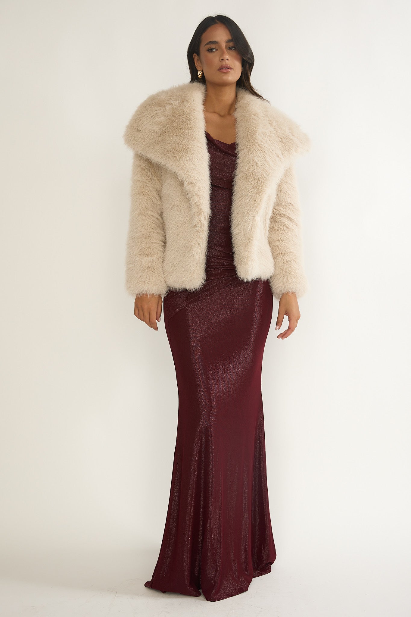 Harlequinn Oversized Lapel Faux Fur Jacket Taupe by Selfie Leslie