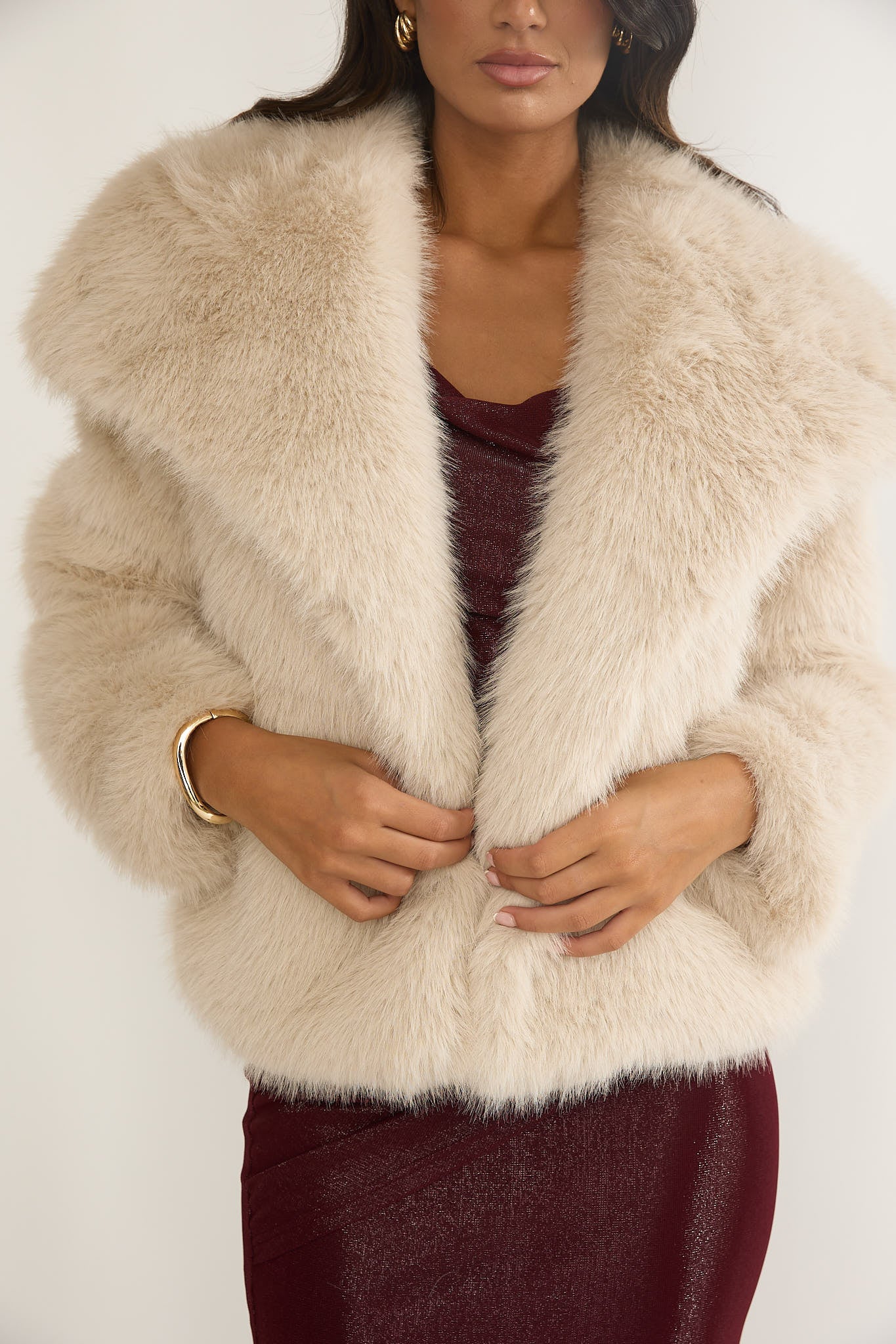 Harlequinn Oversized Lapel Faux Fur Jacket Taupe by Selfie Leslie