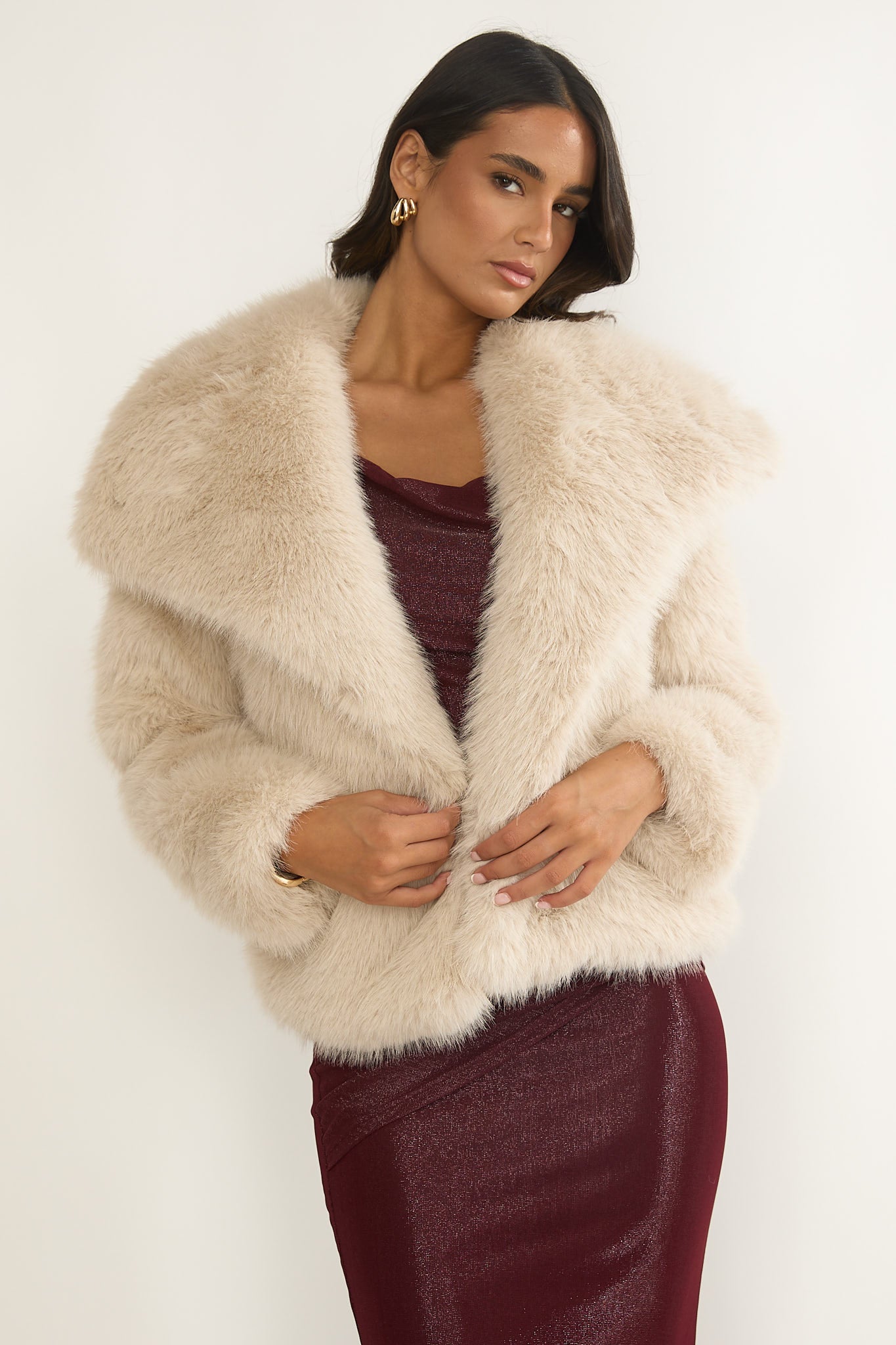Harlequinn Oversized Lapel Faux Fur Jacket Taupe by Selfie Leslie