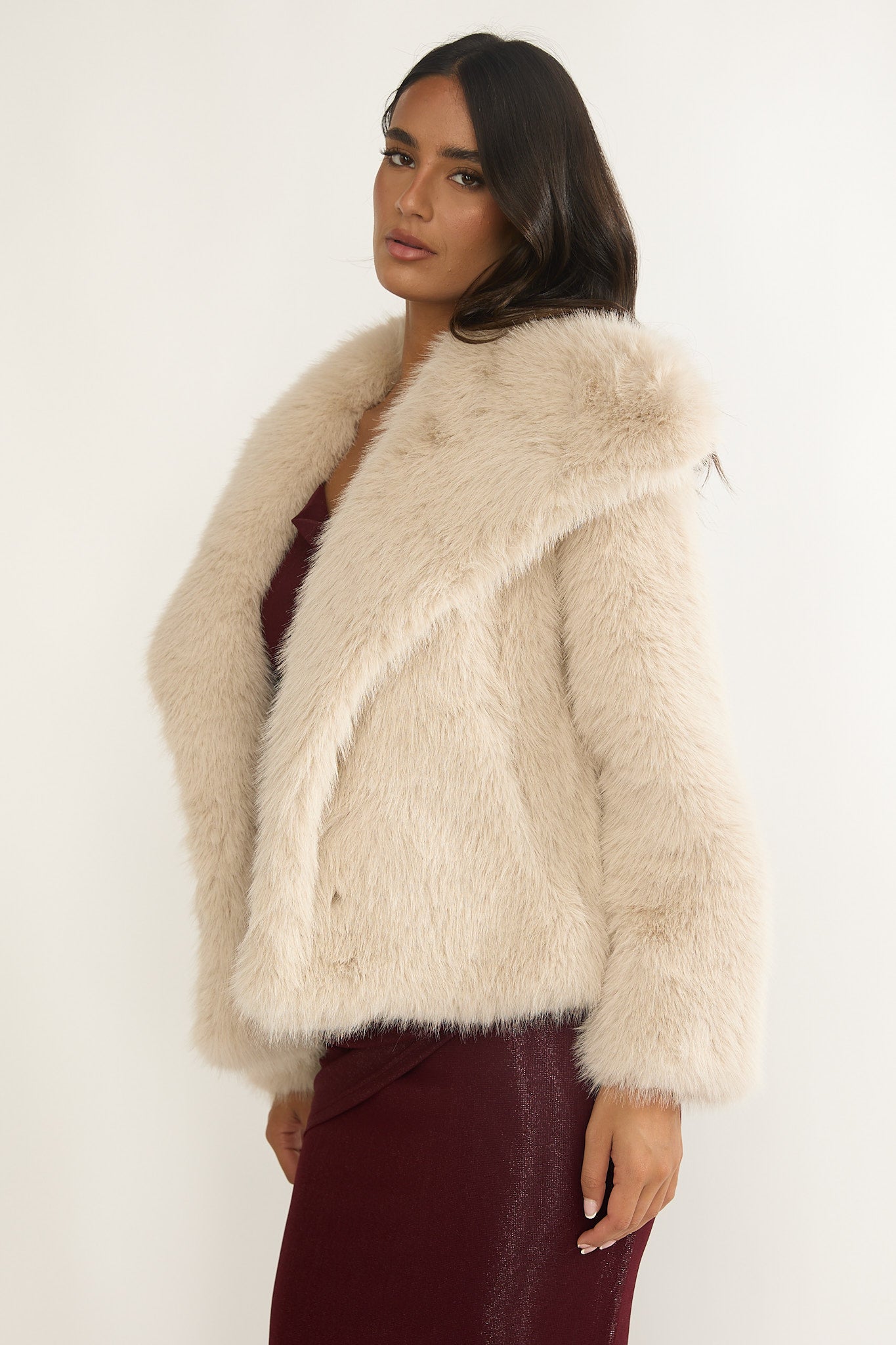Harlequinn Oversized Lapel Faux Fur Jacket Taupe by Selfie Leslie
