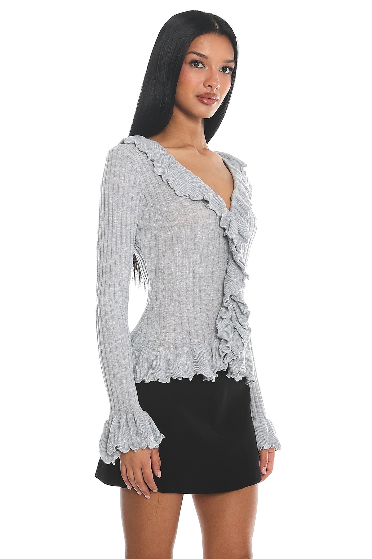 Jaimy Ruffle Trim Knit Cardigan Grey by Selfie Leslie