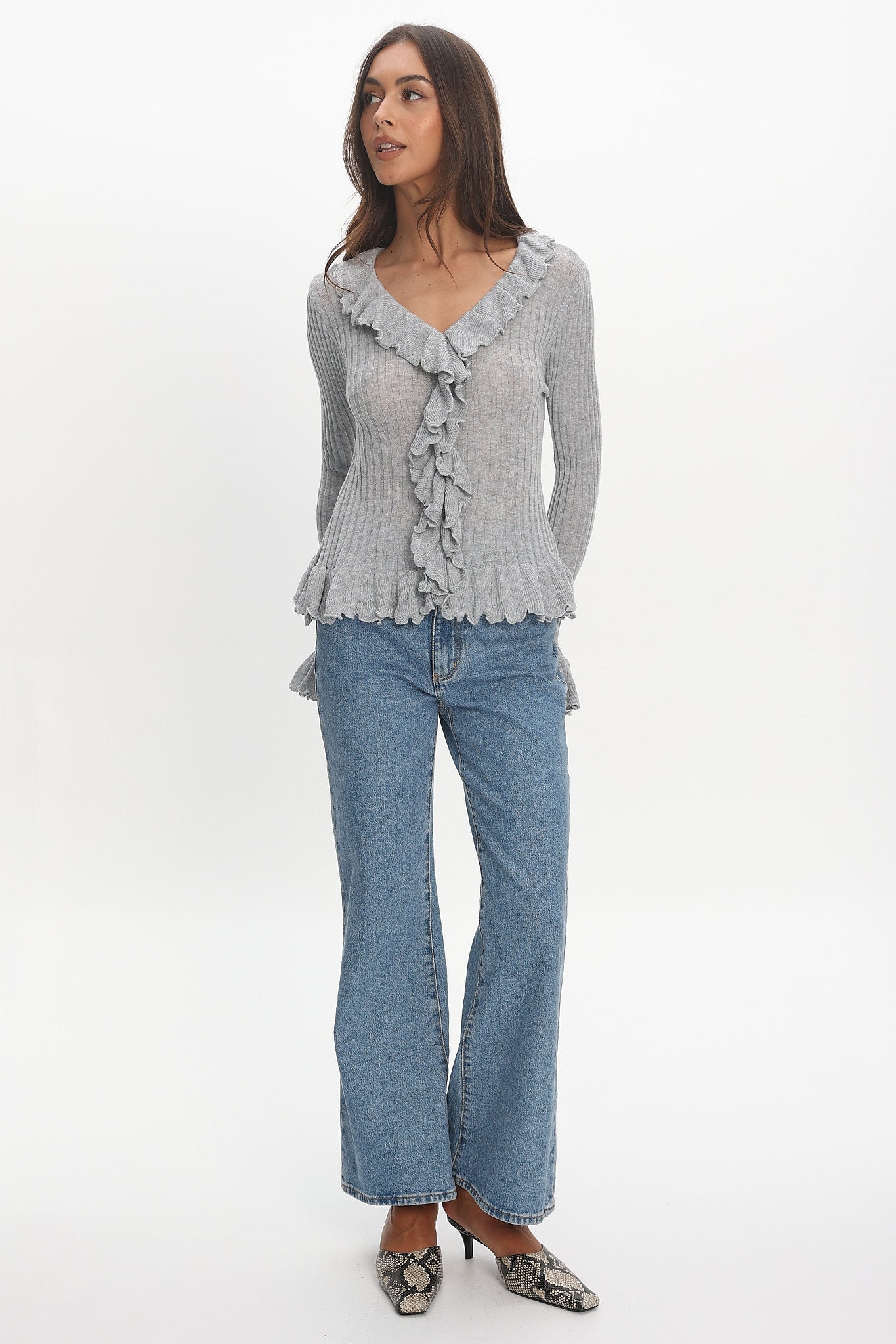Jaimy Ruffle Trim Knit Cardigan Grey | Selfie Leslie