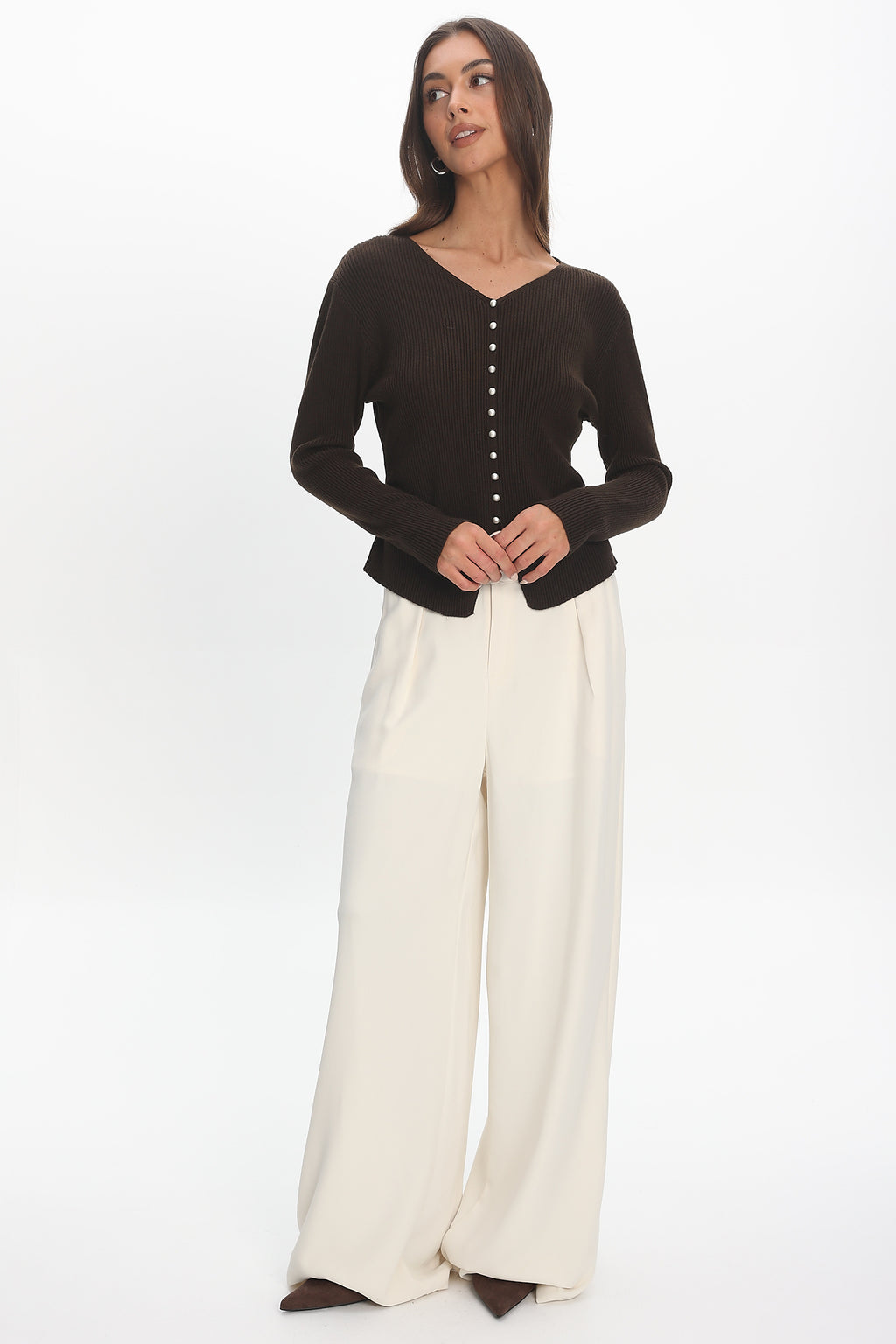 Louiz Button Front Ribbed Knit Cardigan Chocolate