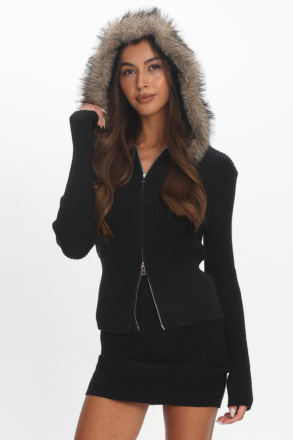 Odetta Fur Collar Knit Top Black