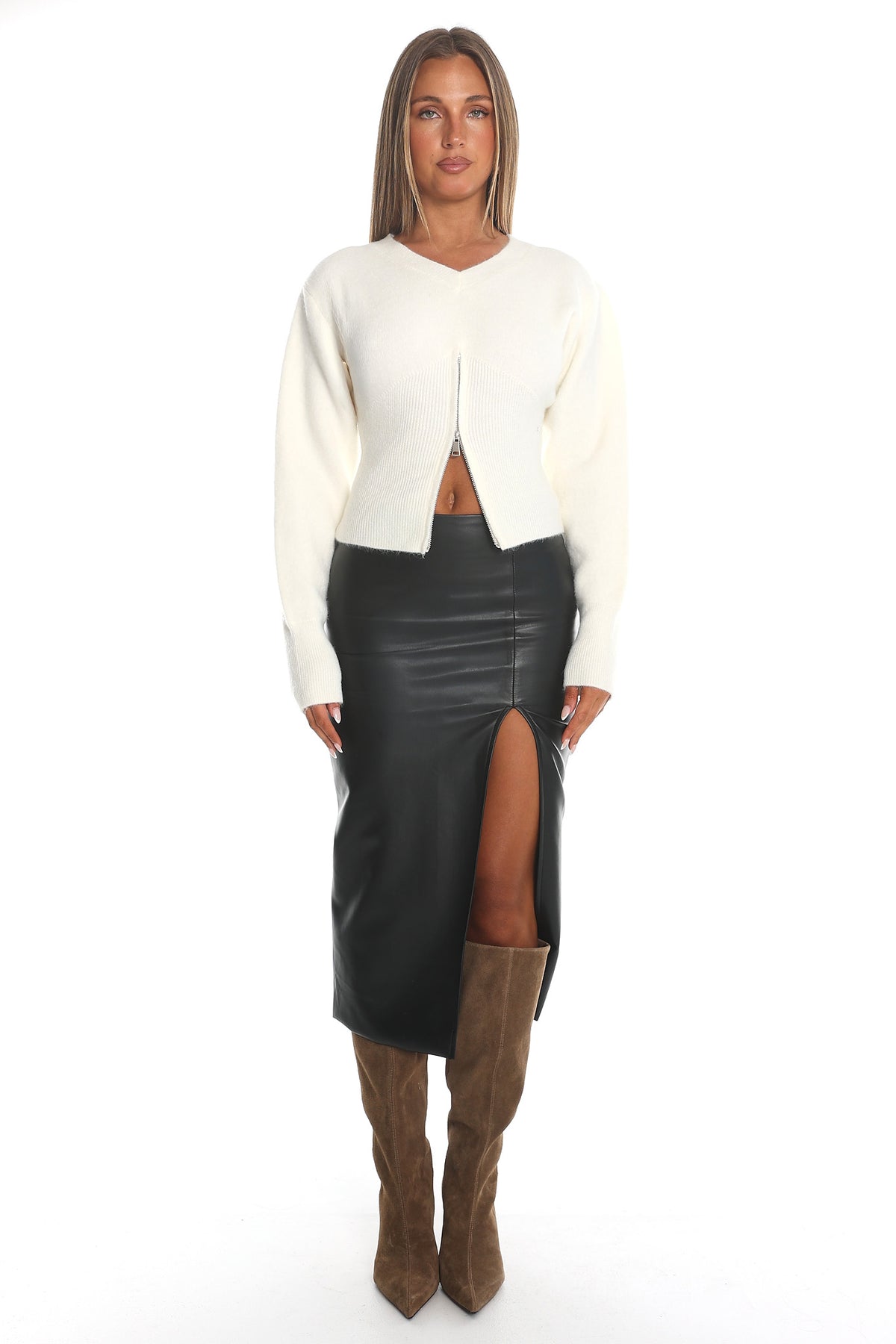 Karisa Zipper Hem Knit Top Cream by Selfie Leslie