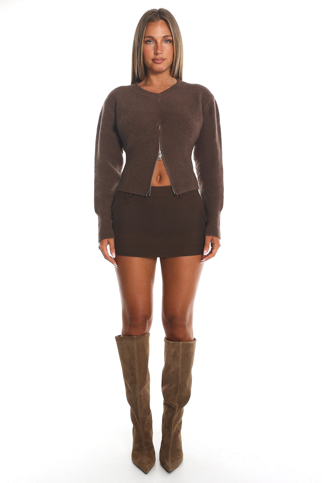 Karisa Zipper Hem Knit Top Mocha by Selfie Leslie