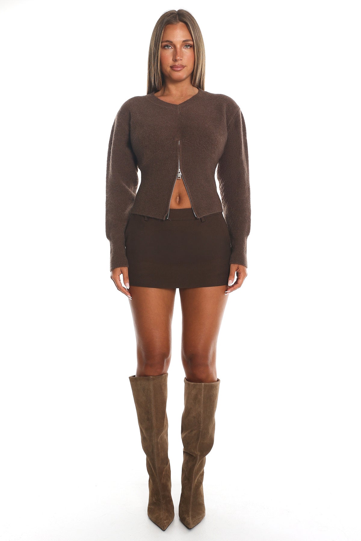 Karisa Zipper Hem Knit Top Mocha by Selfie Leslie