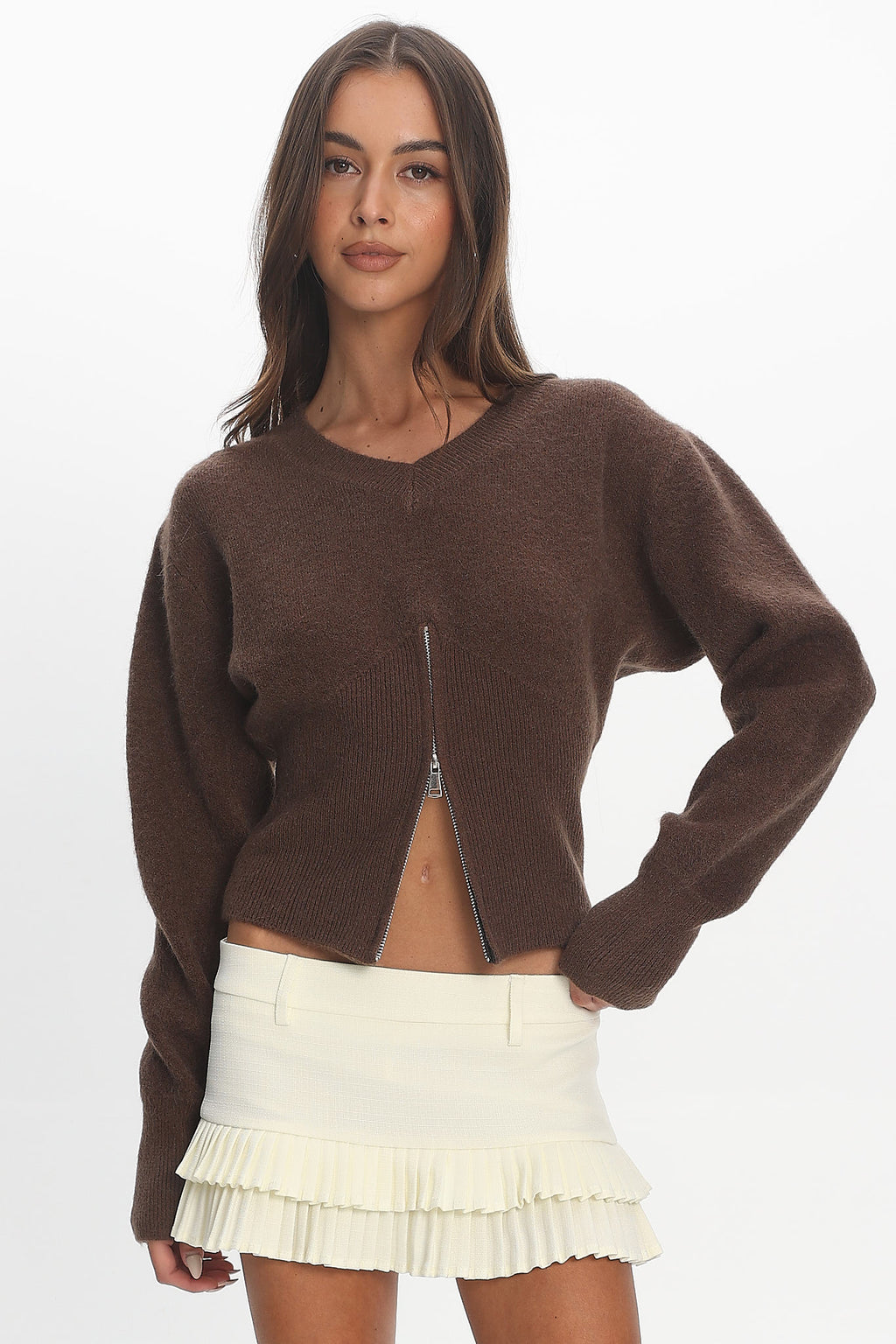 Karisa Zipper Hem Knit Top Mocha